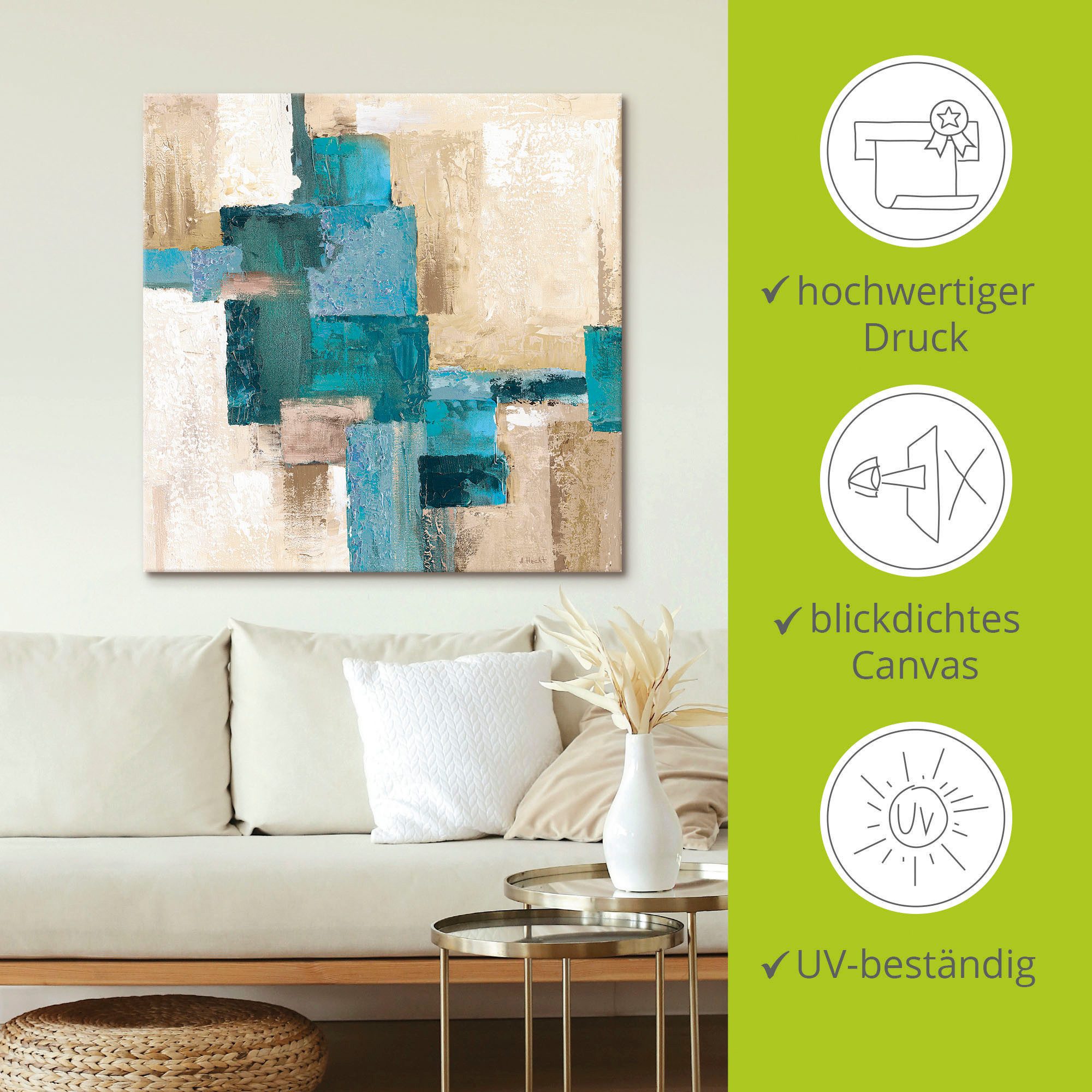 Artland Artprint Abstracte ruiten beige-turquoise als artprint van aluminium, artprint voor buiten, artprint op linnen, poster in verschillende maten. maten
