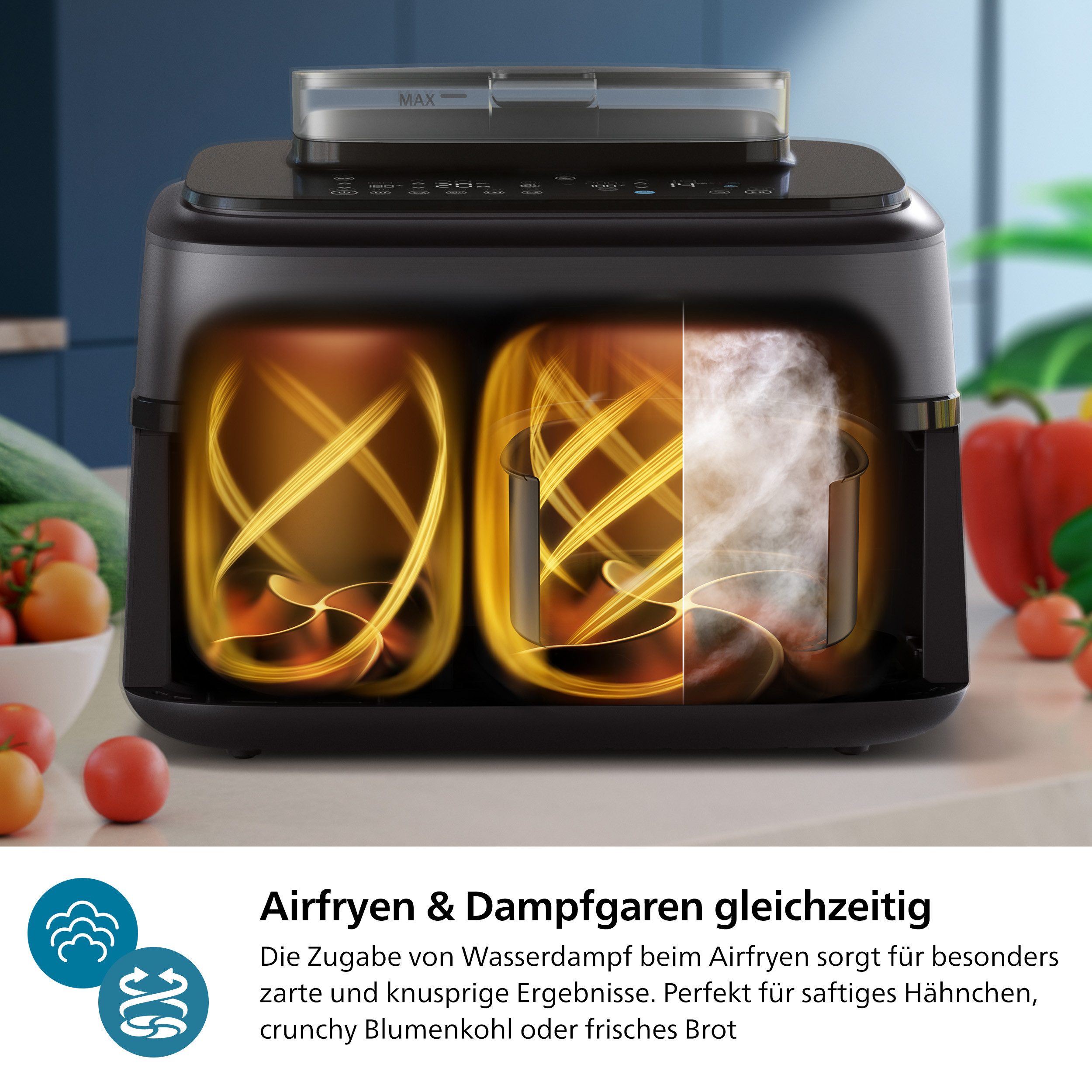 Philips Airfryer NA552/00 Steam Airfryer 5000 Series Dual Basket 9L Kapazität (3L+6L)