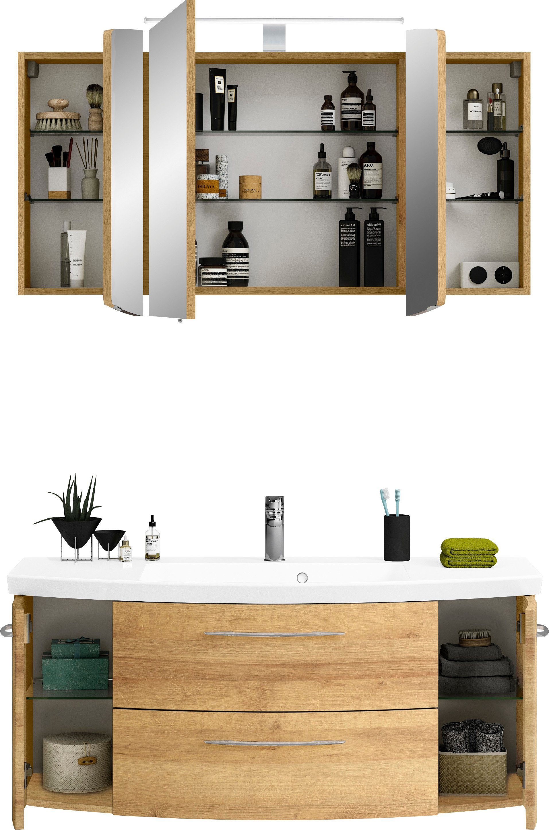 Saphir Badkamerserie Cassca sprint 2-delig mineraalmarmeren wastafel met led-spiegelkast (2-delig)