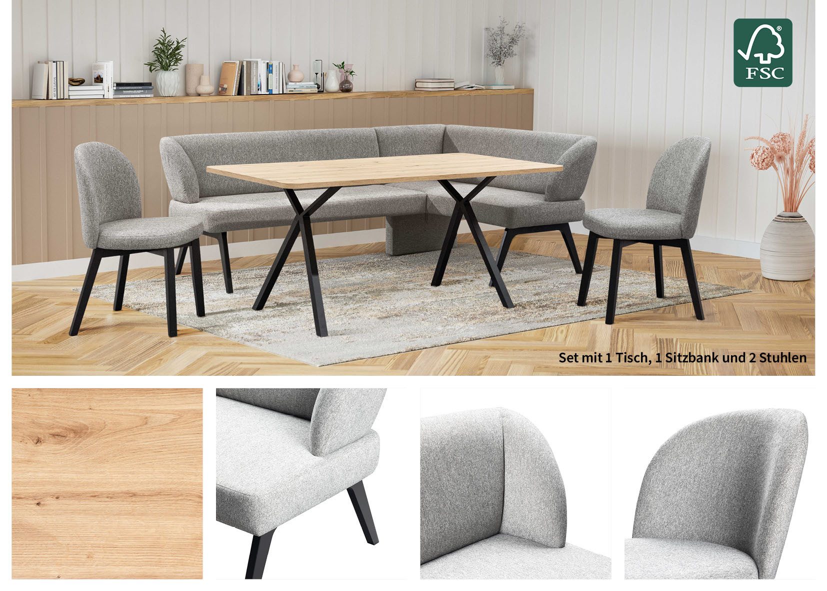Home affaire Eethoek Aretha eetkamerset, zitgroep, hoekbank, keukenbank Eetkamer zitgroep, tafel, stoelen en bank gestoffeerd, Nosag-vering (4-delig)