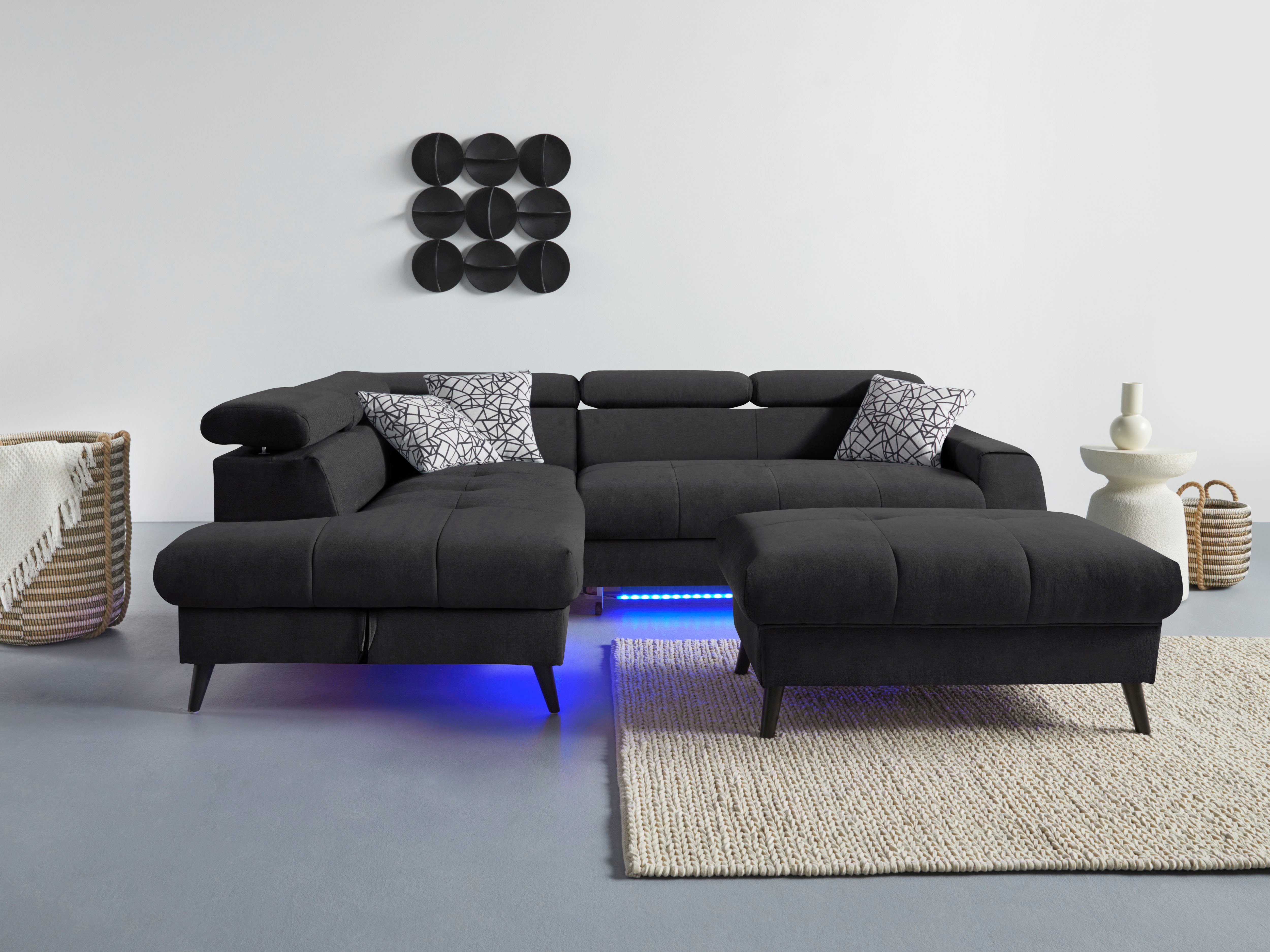 COTTA Hoekbank Mia L-vorm 3-delige kussenset, ottomane, naar keuze met of zonder rgb-verlichting zwart, hoekbanken, Met slaapfunctie-met bedkist-met