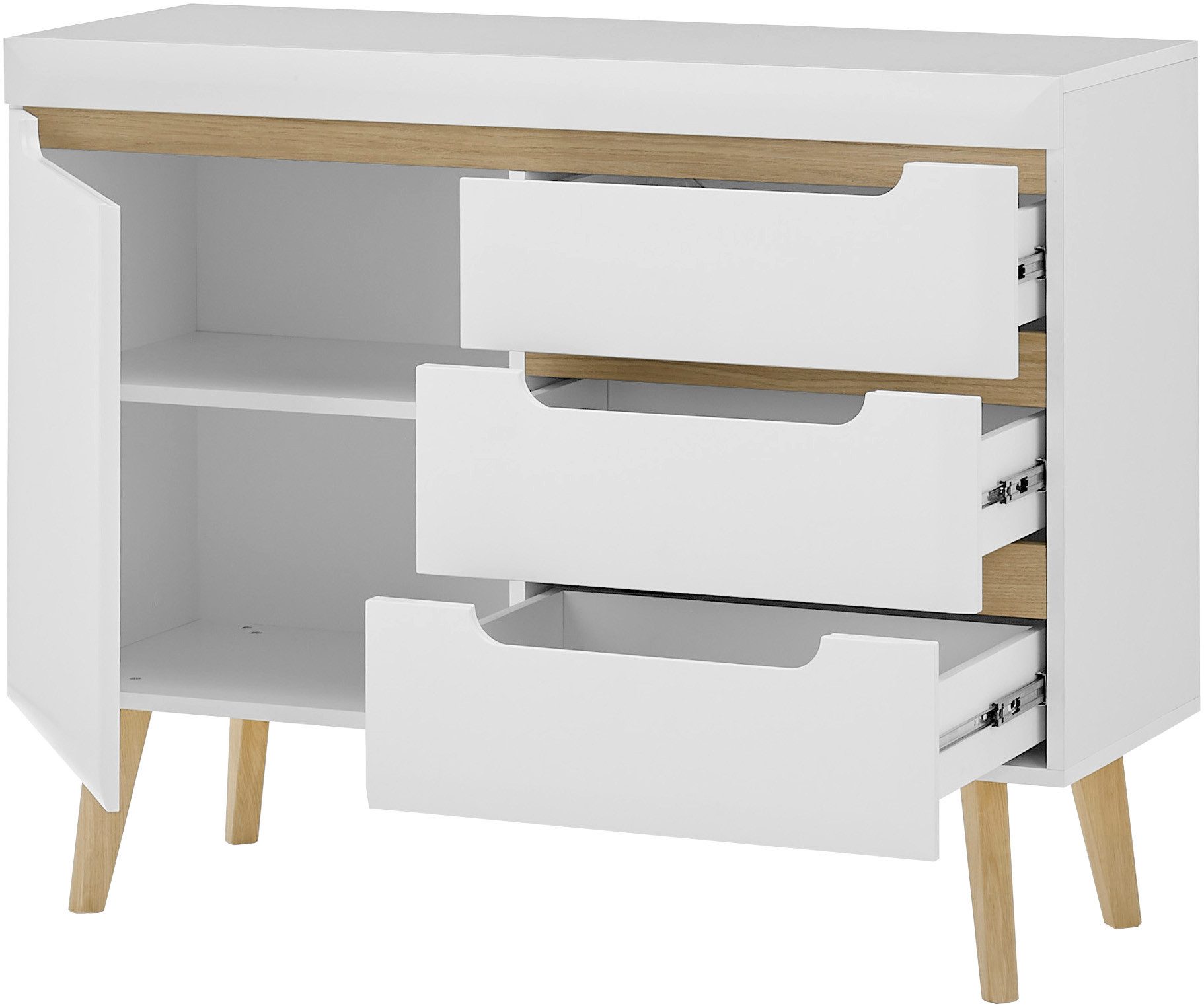 INOSIGN Dressoir Torge, dressoir, commode, ladekast afgeschuinde poten, drie kleuren, scandi design, 107 cm breed (1 stuk)