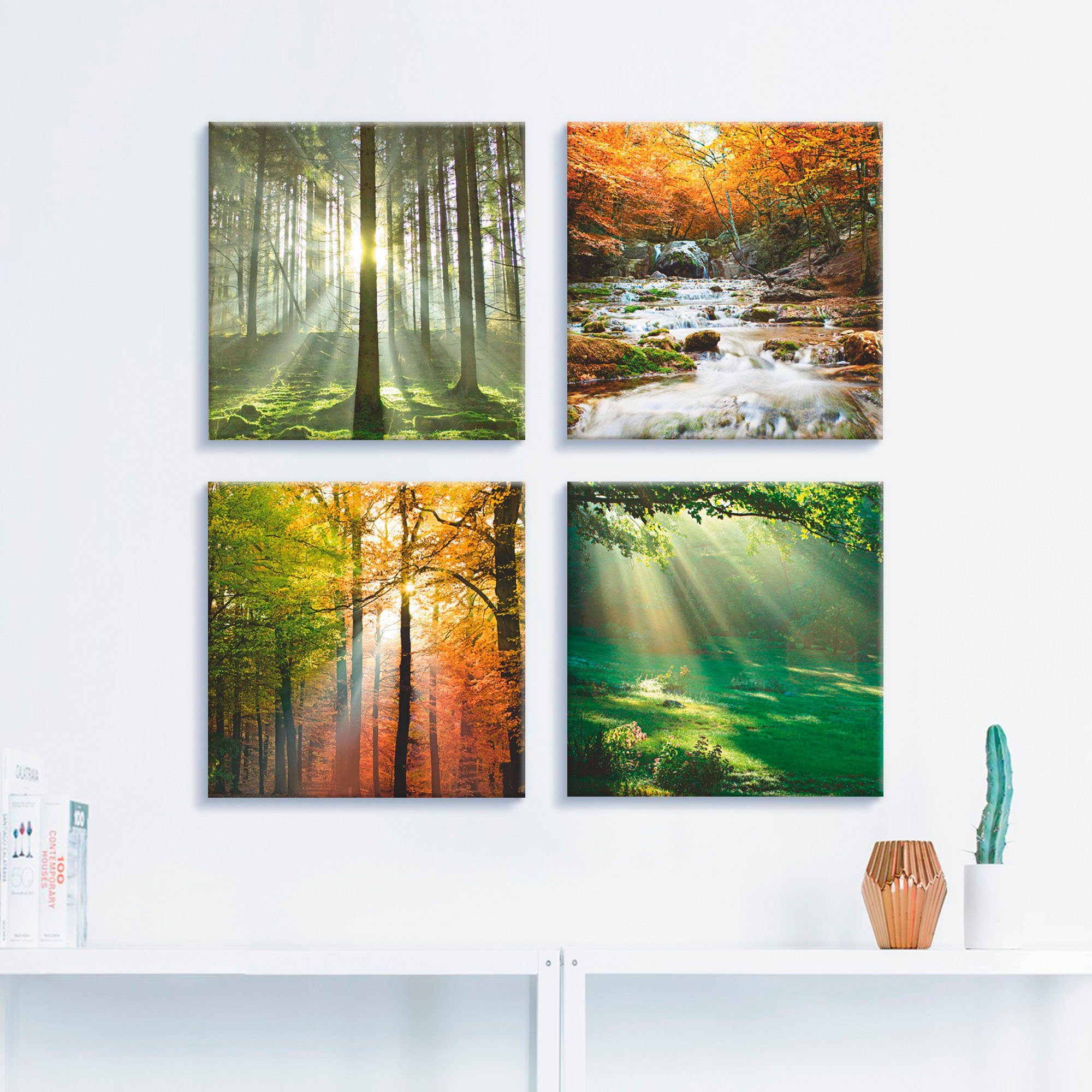 Artland Artprint op linnen Bos waterval herfstdag set van 4, verschillende maten (4-delig)