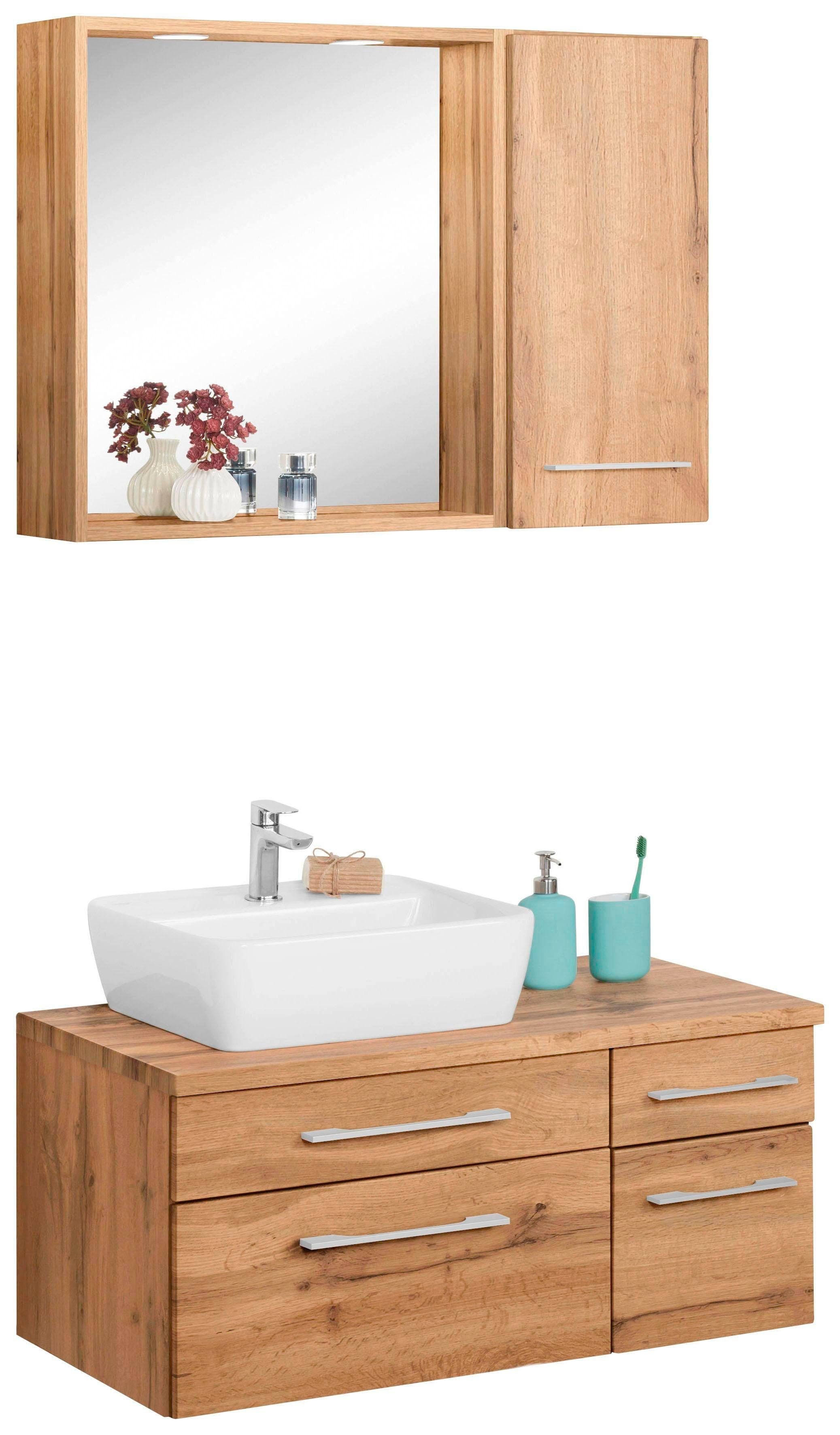 welltime Badkamerserie Davos met 2 touch-led-inbouwspots (3-delig) badmeubelsets bruin