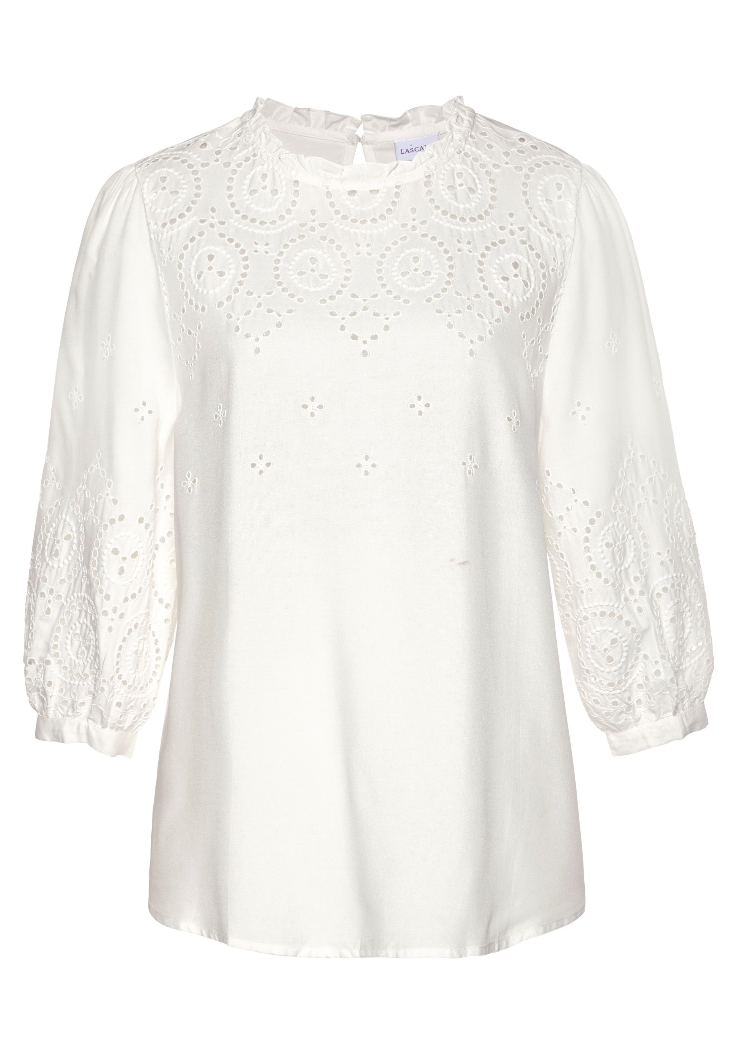 Lascana Blouse zonder sluiting met gaatjesborduurwerk en subtiele ruches, 3/4-mouwen damesblouse