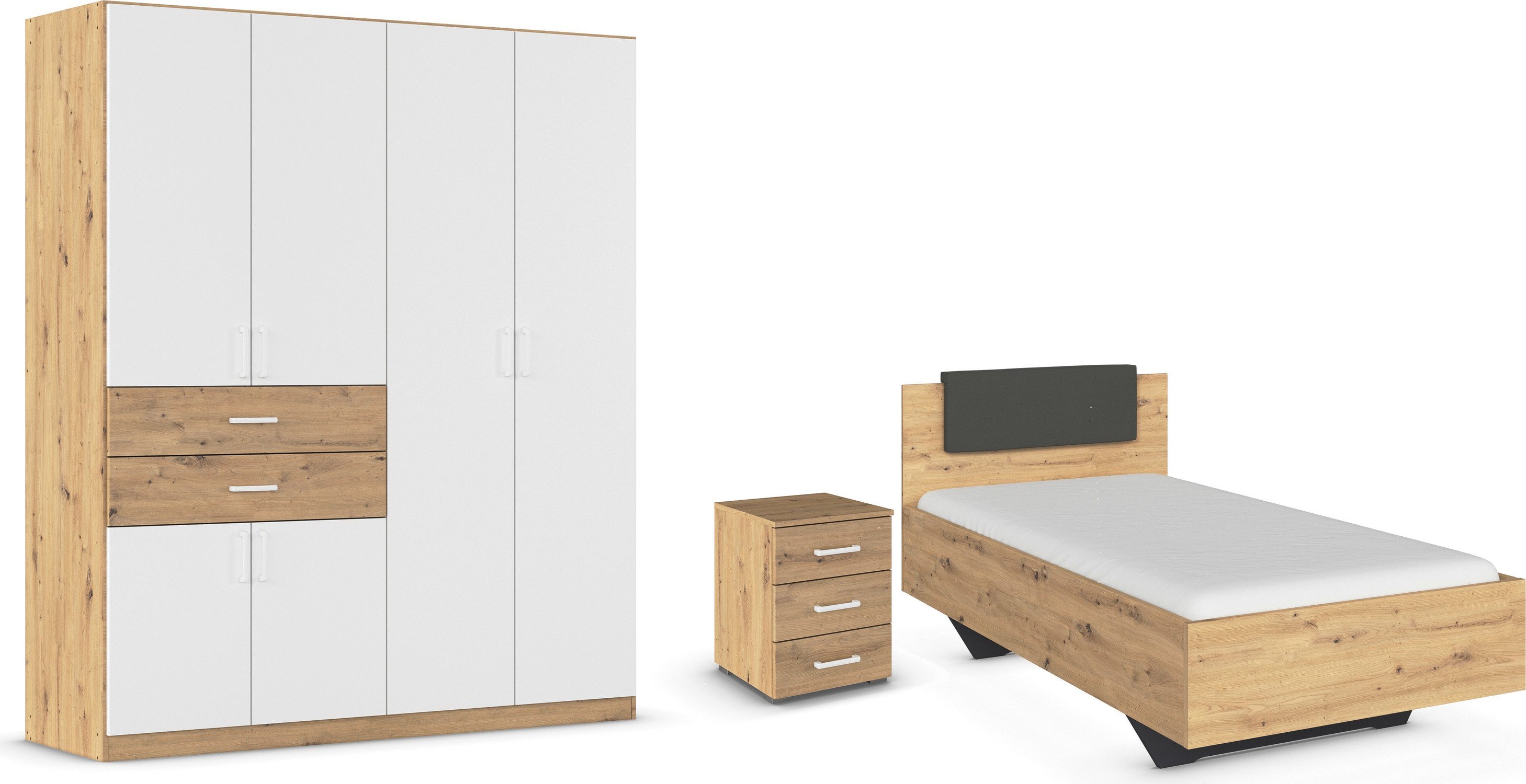rauch Slaapkamerserie Compleet kamer compleet slaapkamer set (3-delig) MAIKA Kast 3 breedtes, 2 hoogtes, bed 100 cm, nachtkastje MADE IN GERMANY (set,