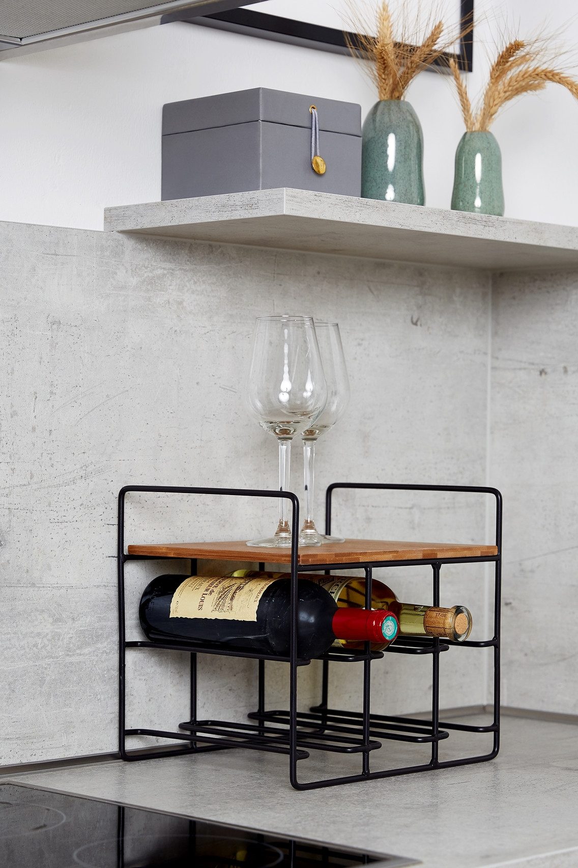 WENKO Wijnflessenhouder Model Loft Flessenrek voor 6 flessen met plank, metaal en bamboe