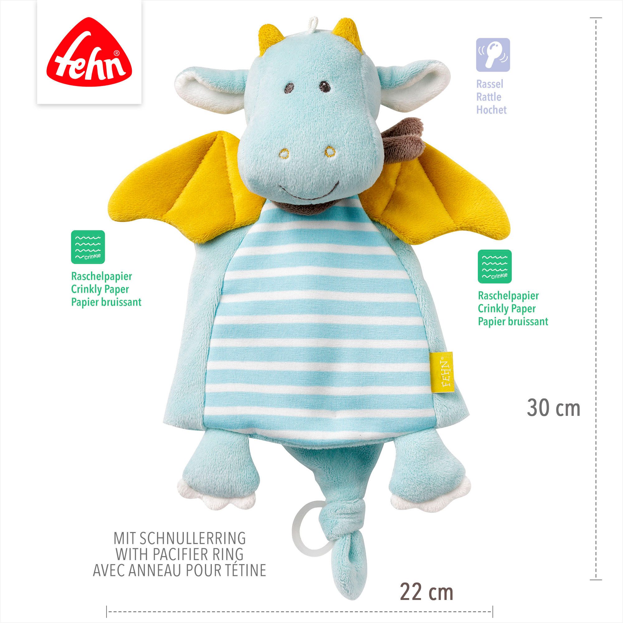 Fehn Knuffeldoek Little Castle, deluxe draak met bevestigingsring voor speen