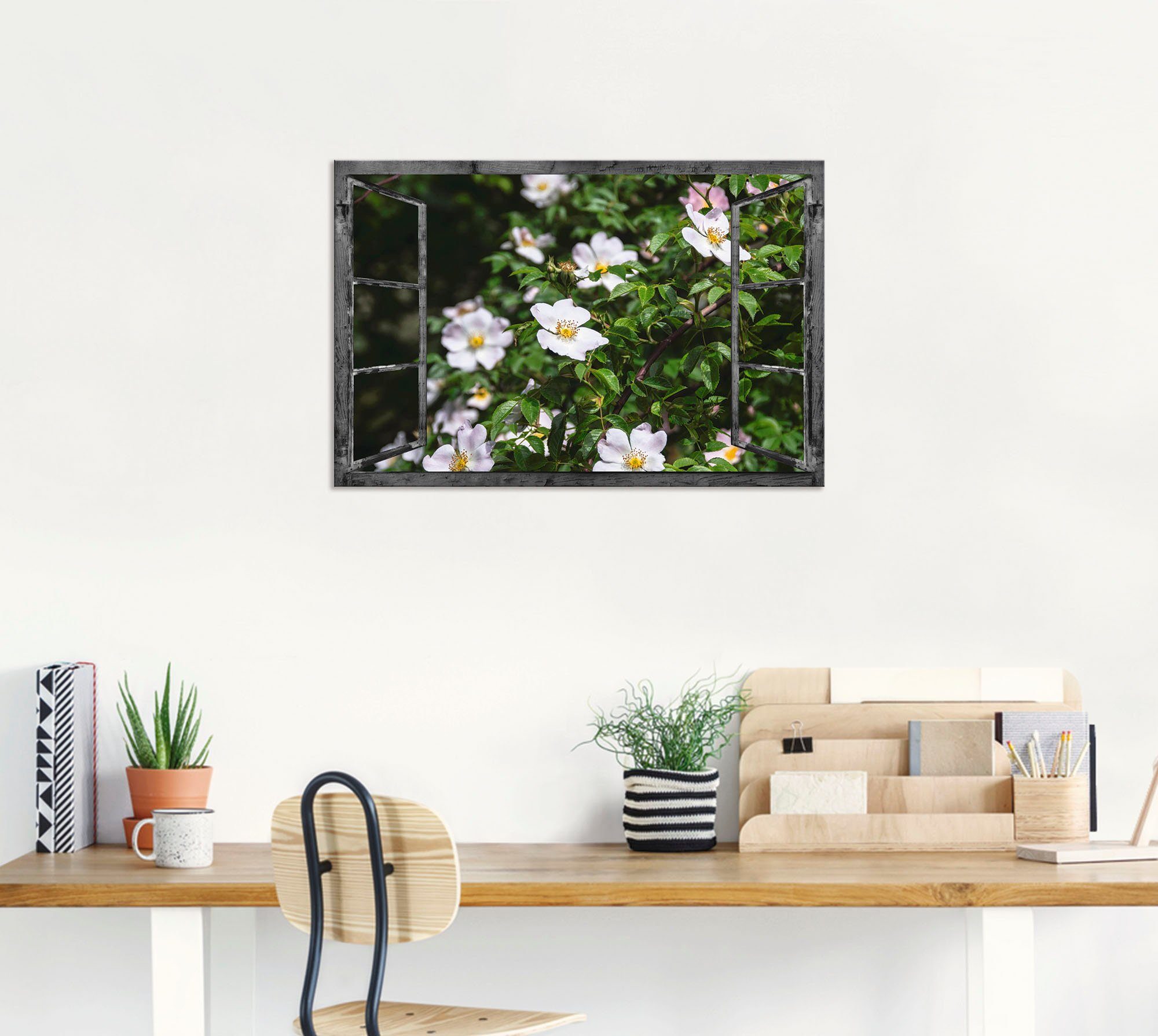 Artland Artprint op linnen Blik uit het venster - wilde rozen