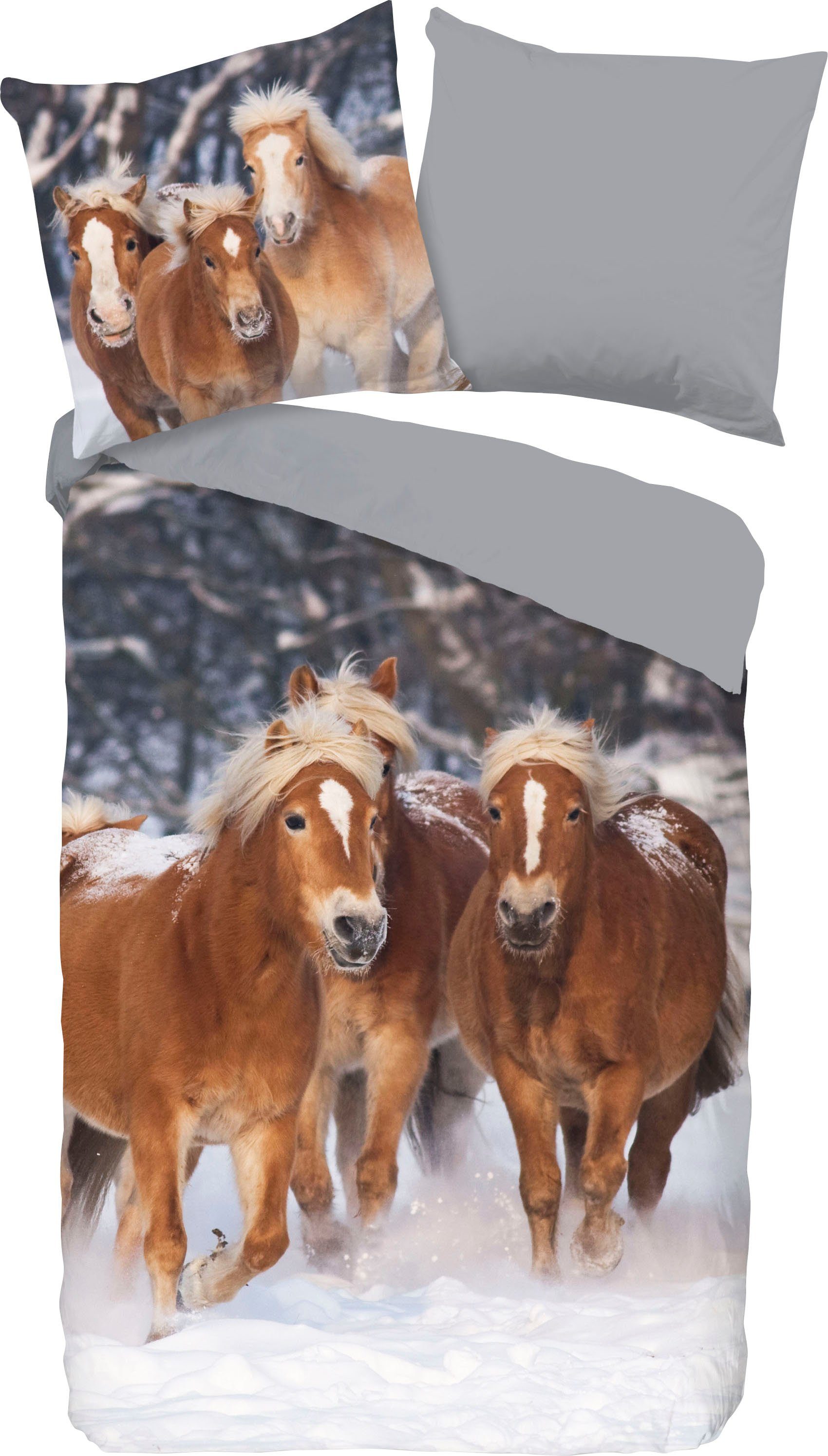 good morning Kinderovertrekset Happy Horses Biber, 135x200, Zacht, Warm, Rits, Omkeerbaar, Kind, Paard (2-delig)