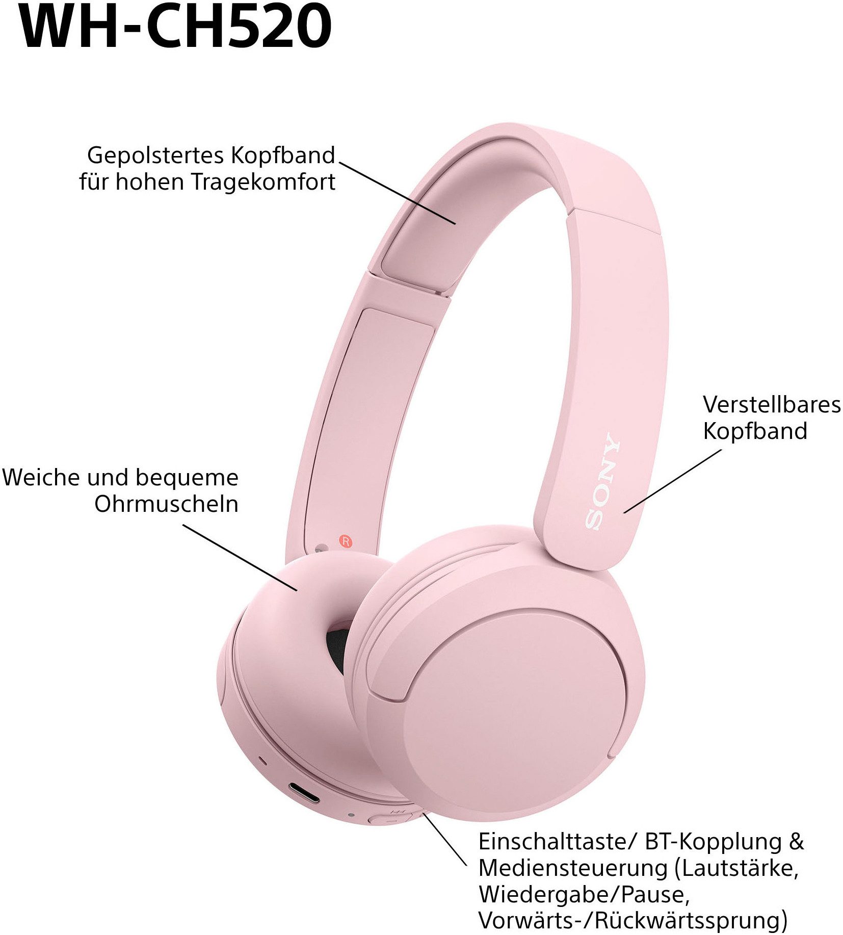 Sony Bluetooth-hoofdtelefoon WHCH520 200 uur max. accuduur (standby)