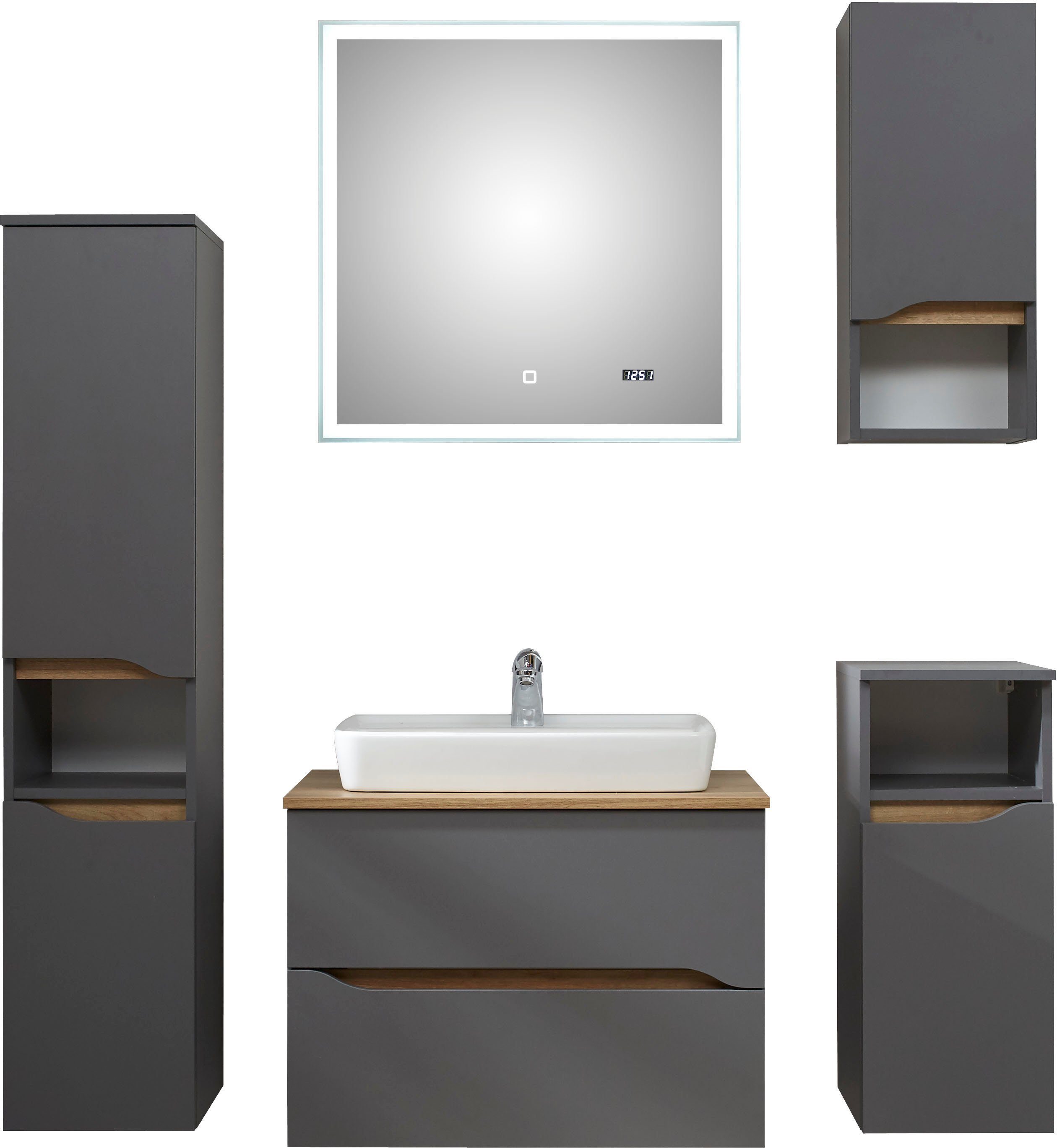 Saphir Badkamerserie Quickset 5-delig, keramieken opzetwasbak met led-spiegel Halfhoge kast, onderkast, hangend kastje, inclusief deurdemper, 6 deuren