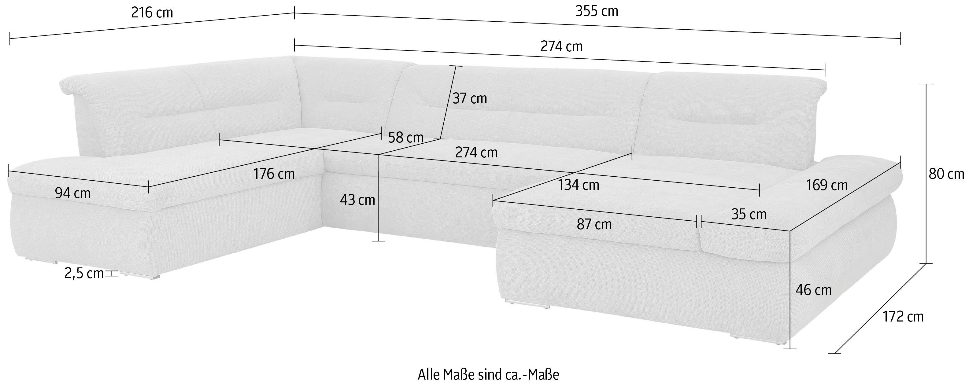 INOSIGN Zithoek Avesa U-vorm Naar keuze met verstelbare armleuningen en slaapfunctie, bxdxh: 355x216x80cm