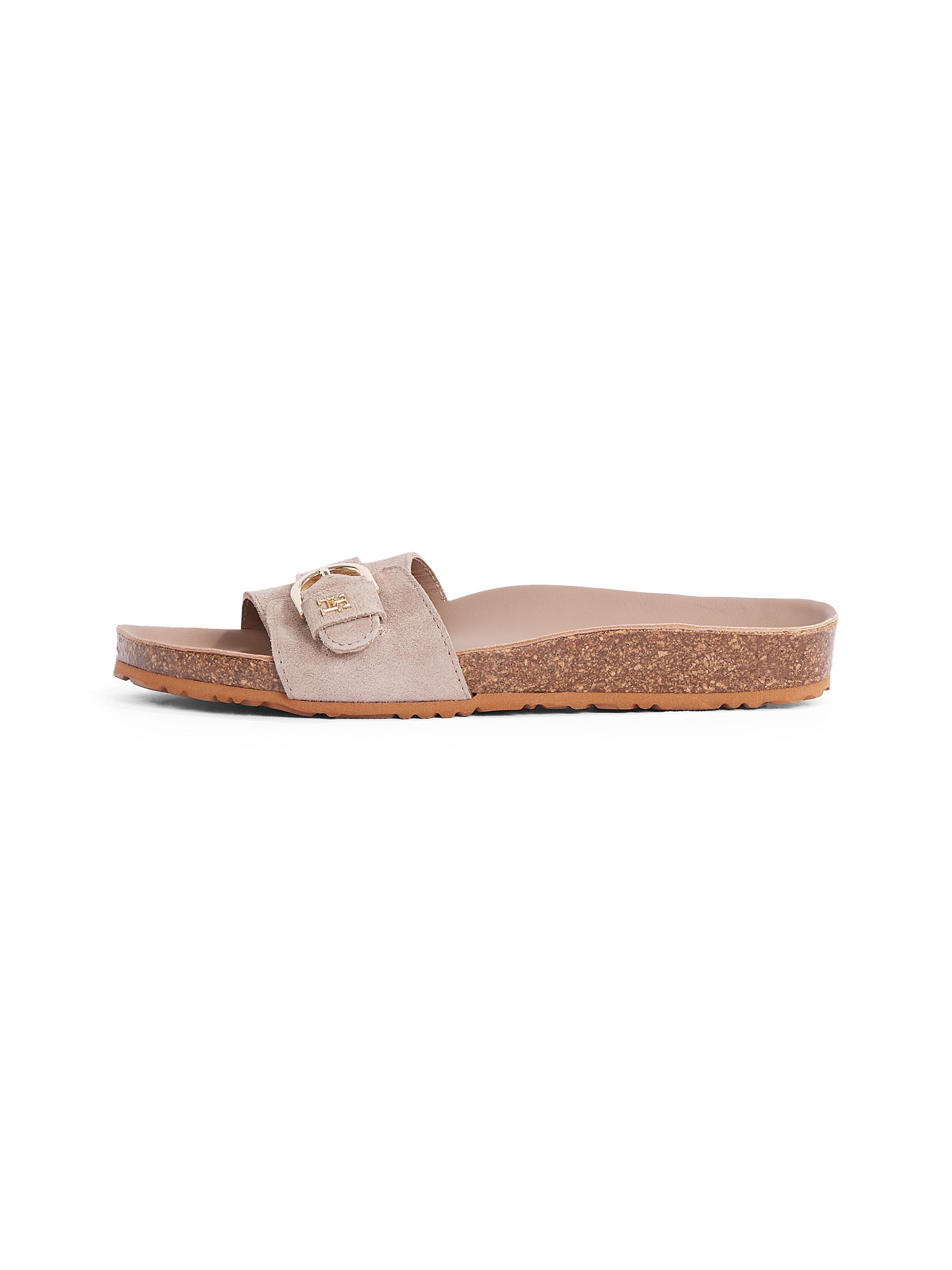 Tommy Hilfiger Slippers SOFT SUEDE ADJUSTABLE MULE , sleehak, zomer mode, instapschoen, flats met th-logo dames sandaaltjes maat 42 bruin