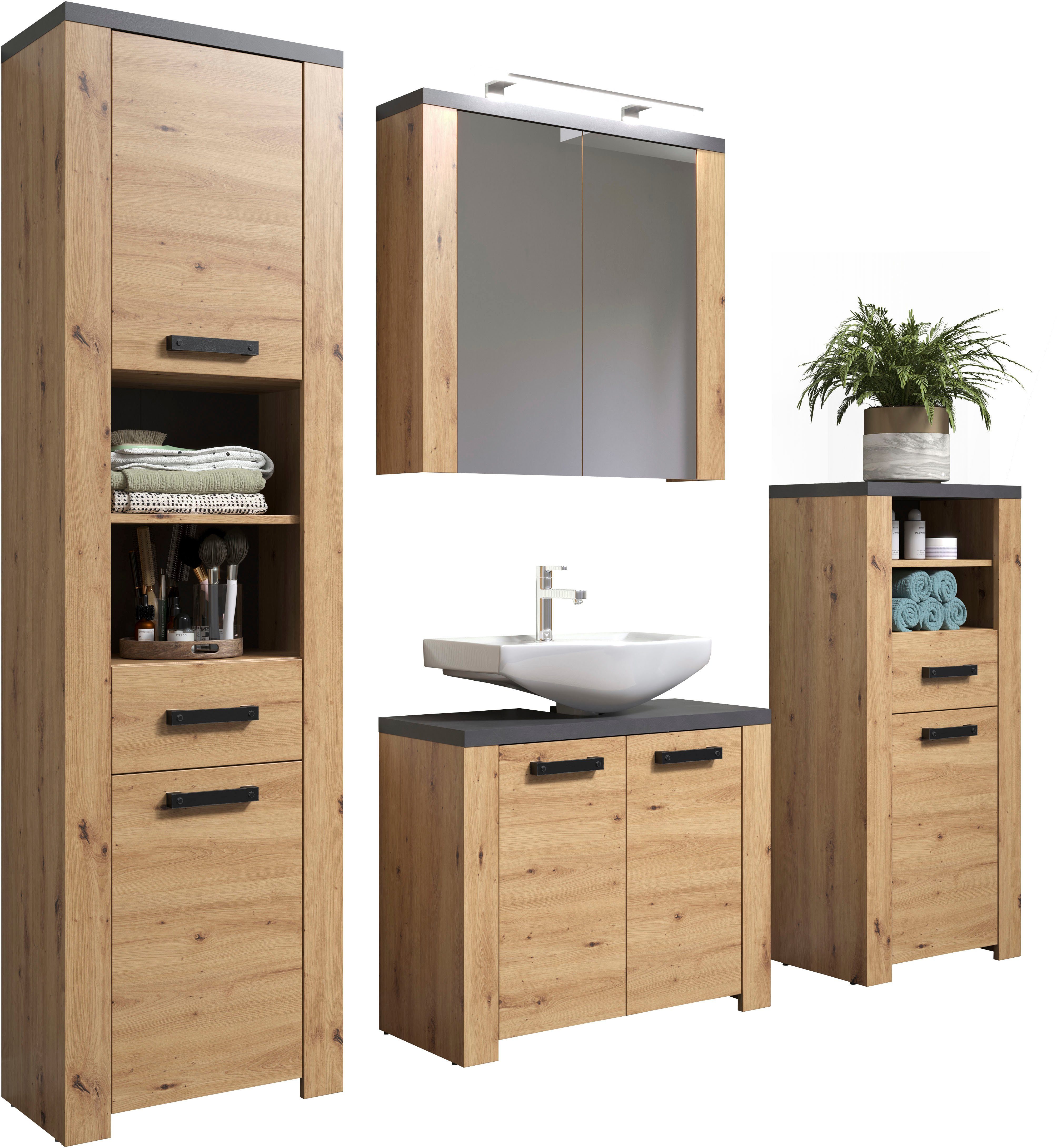 Home affaire Badkamerset Ambres Badkamermeubels in matte echt houtlook - afmetingen (B/D/H) 215/35/196 cm (4-delig)
