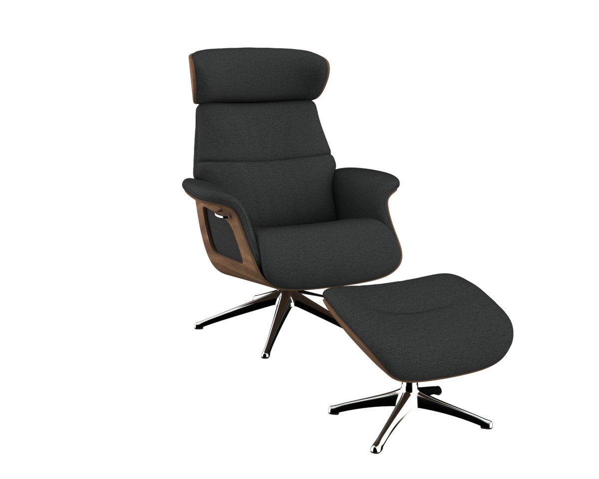 FLEXLUX Relaxfauteuil Clement relaxstoel, gestoffeerde stoel, ligstoel, TV-stoel, Rug- & hoofdverstelling, draaibaar, armleuning walnoot, voet aluminium