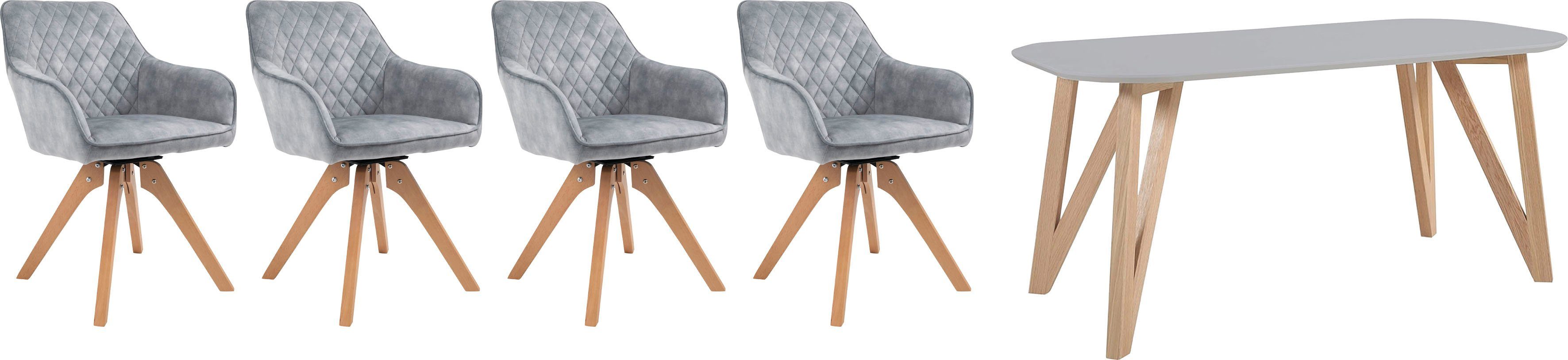 SalesFever Eethoek (5-delig), tafelbreedte 160 cm, stoelen 180° draaibaar, met fluweel eethoeken grijs