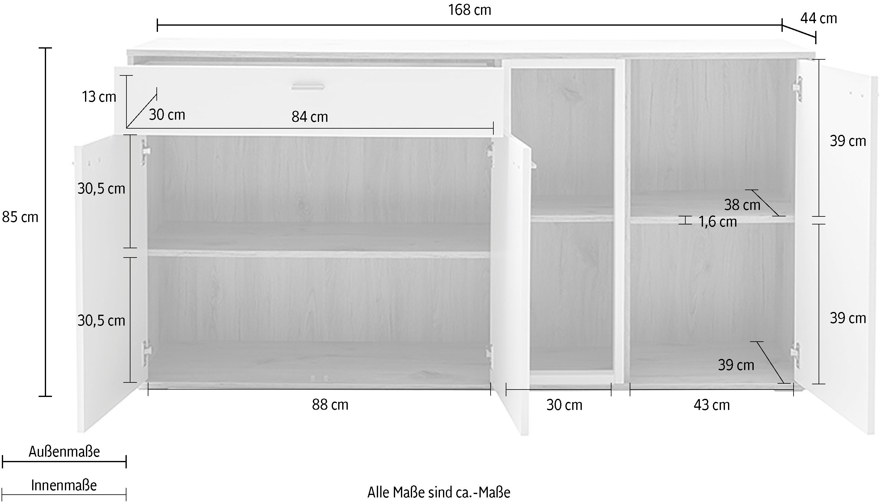 MCA furniture Dressoir SANTERNO met 3 deuren, 1 lade, gedempt, 2 vakken, breedte 168 cm