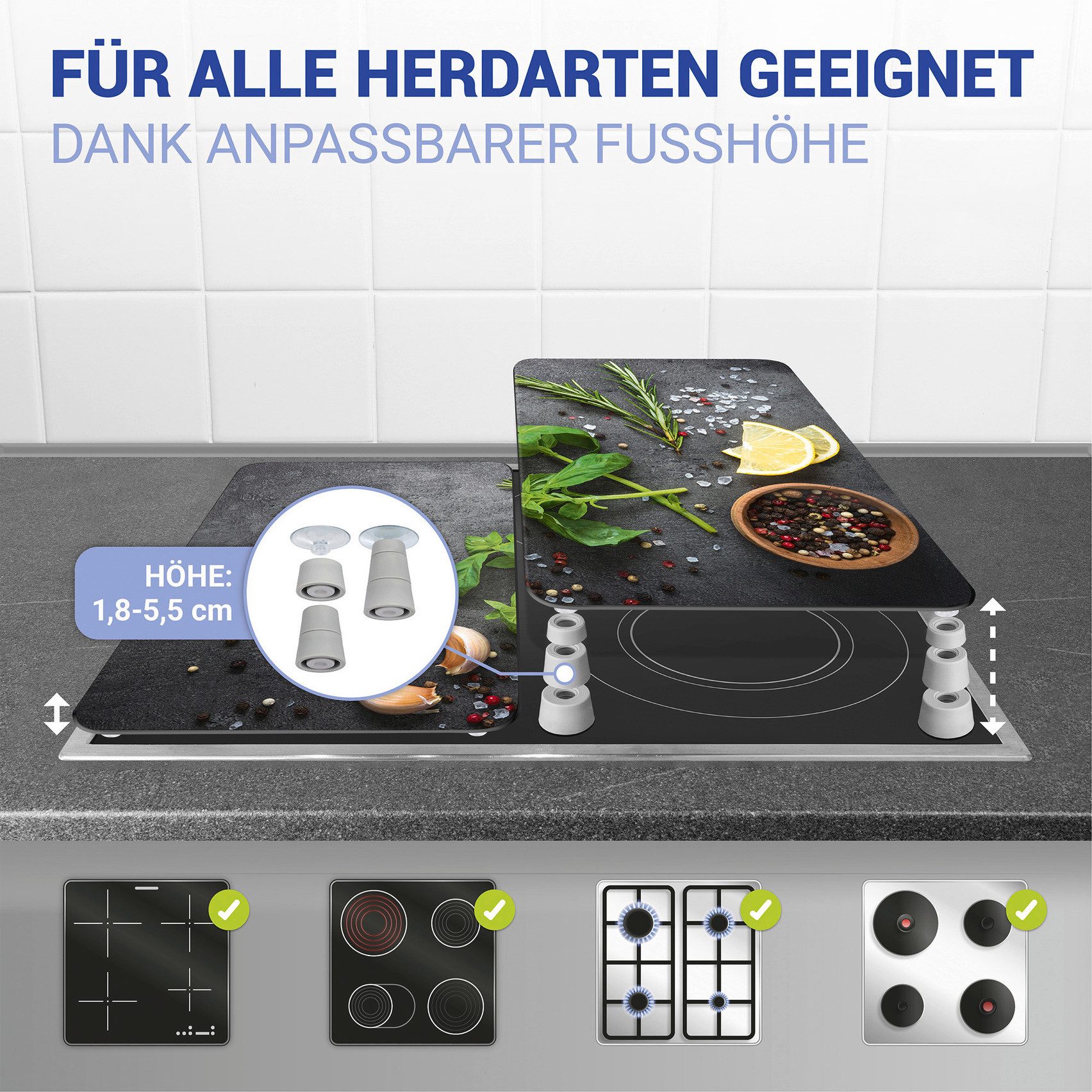 WENKO Kookplaatdeksel Universeel model Kruiden Kookplaatafdekking voor alle soorten kookplaten, krasvast, met antislipvoetjes (set, 2-delig)