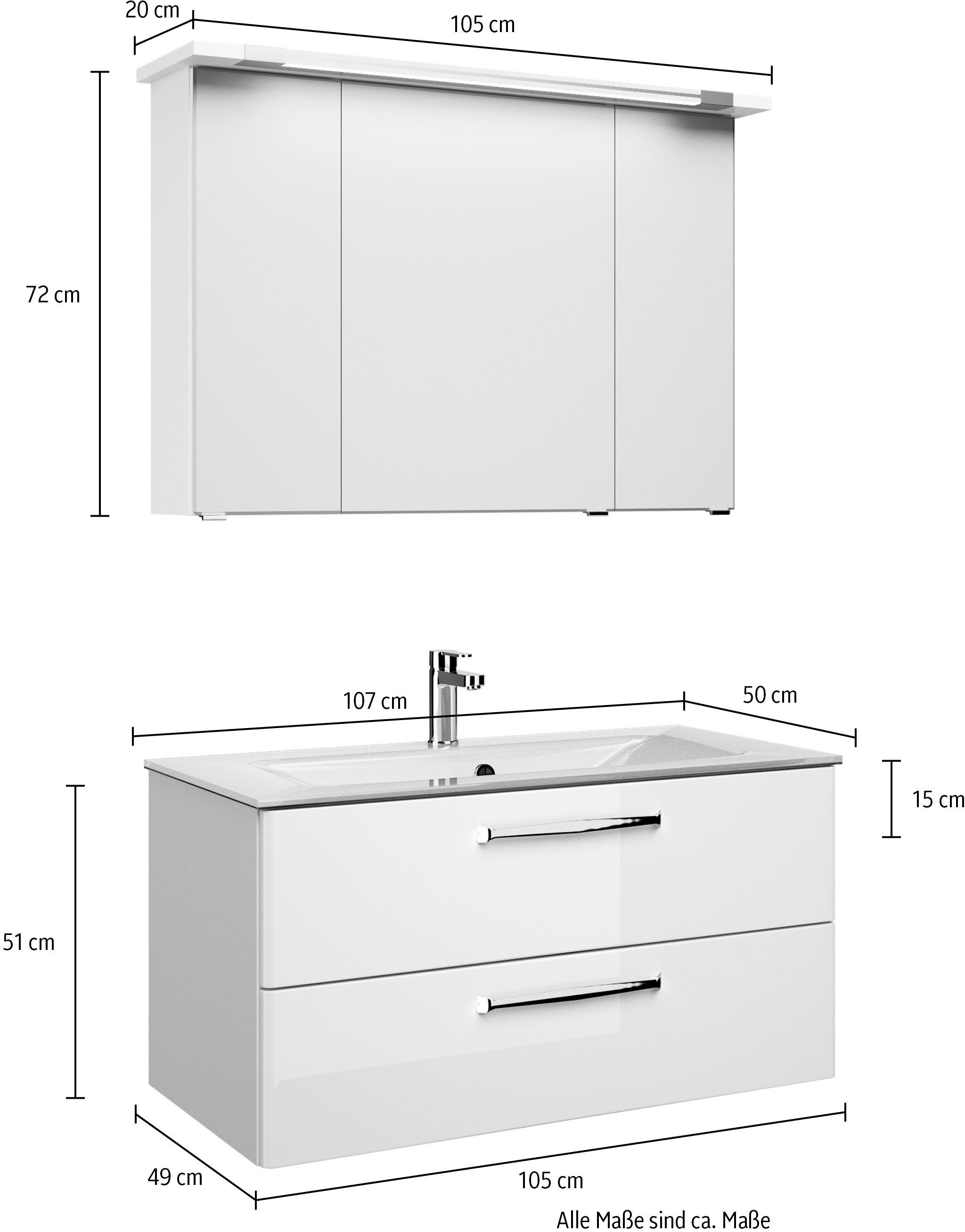 Saphir Badmeubelset Trentino 2-delig glazen wastafel, spiegelkast met LED-verlichting Badkamermeubel-set 107cm breed, incl. deurdemper, 3 deuren, 2 lades (3 stuks)
