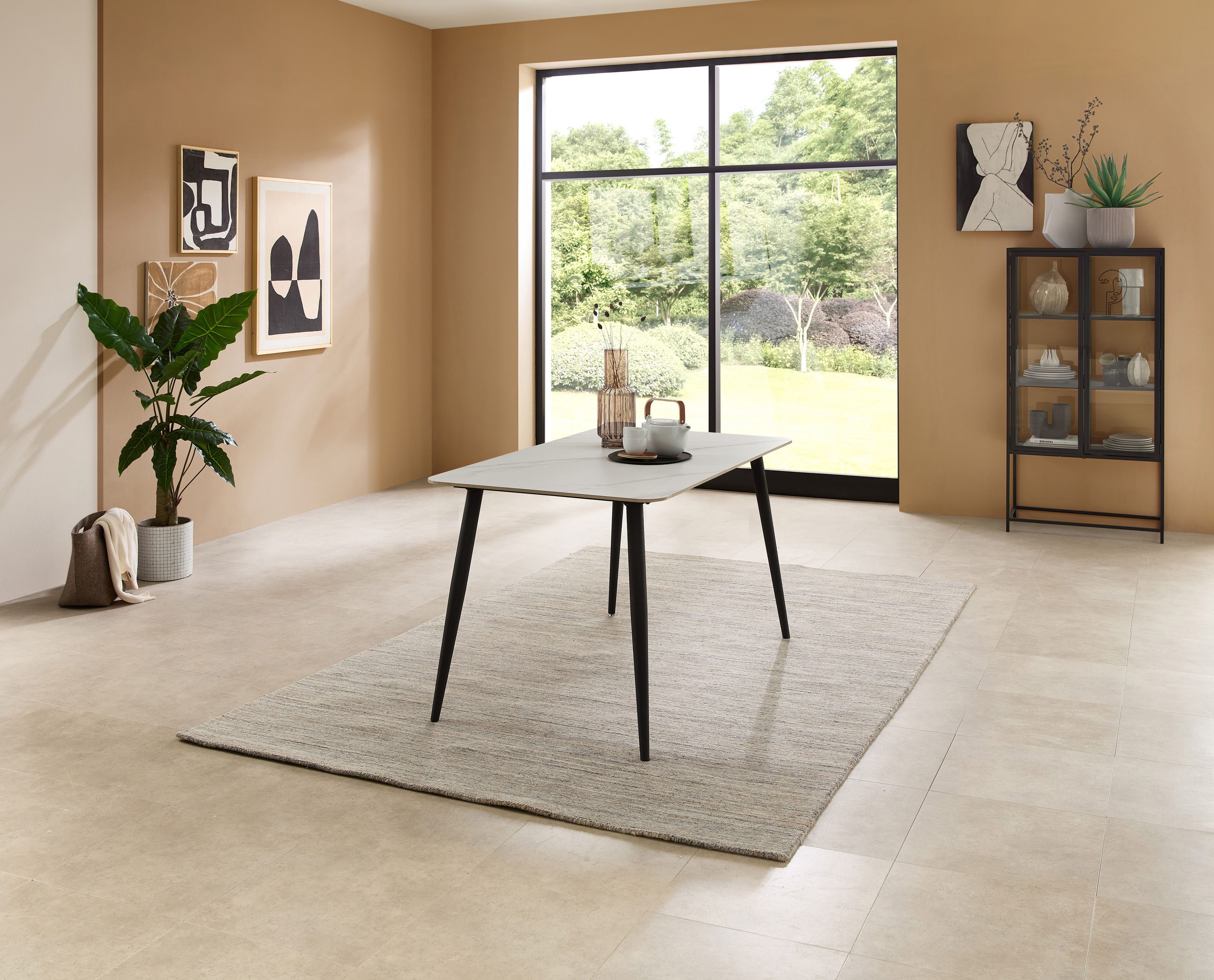 Stolkom Eettafel Cody eettafel keramiek, wit gemarmerd, BxHxD 140x76x80 cm Keramische oppervlakte wit gemarmerd, 4-poots frame mat zwart