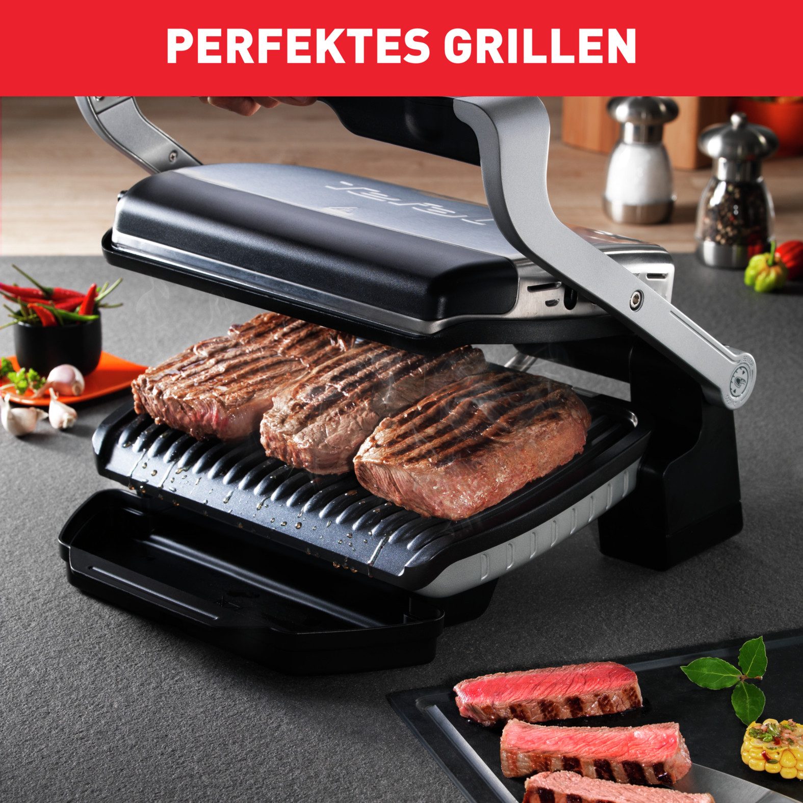 Tefal Contactgrill OptiGrill, 6 automatische Programme, ein manuelles Programm 6 programma’s, past temperatuur en grillcyclus aan het grillgerecht aan