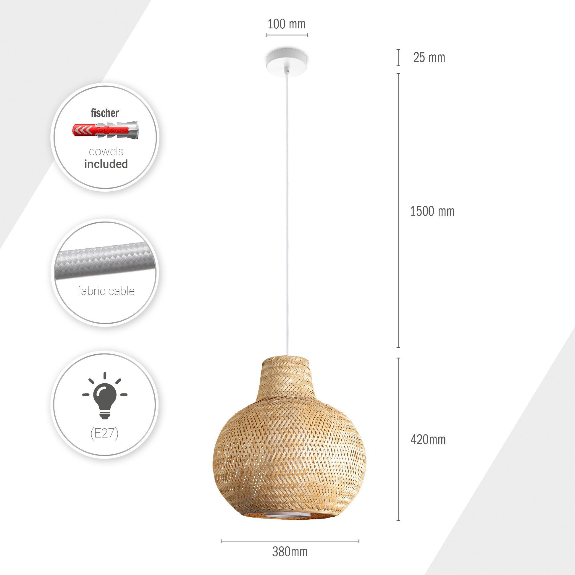 Paco Home Hanglamp TOPU Bamboe hanglamp korf Boho rustiek natuur E27