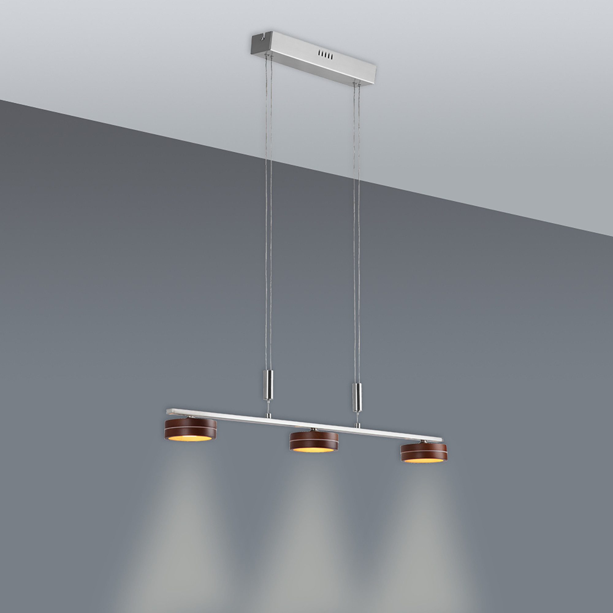 näve Led-hanglamp Triberg 3-vlamig, kappen van hout (eiken), wanddimmer, hoogte verstelbaar 80-150 cm (1 stuk)