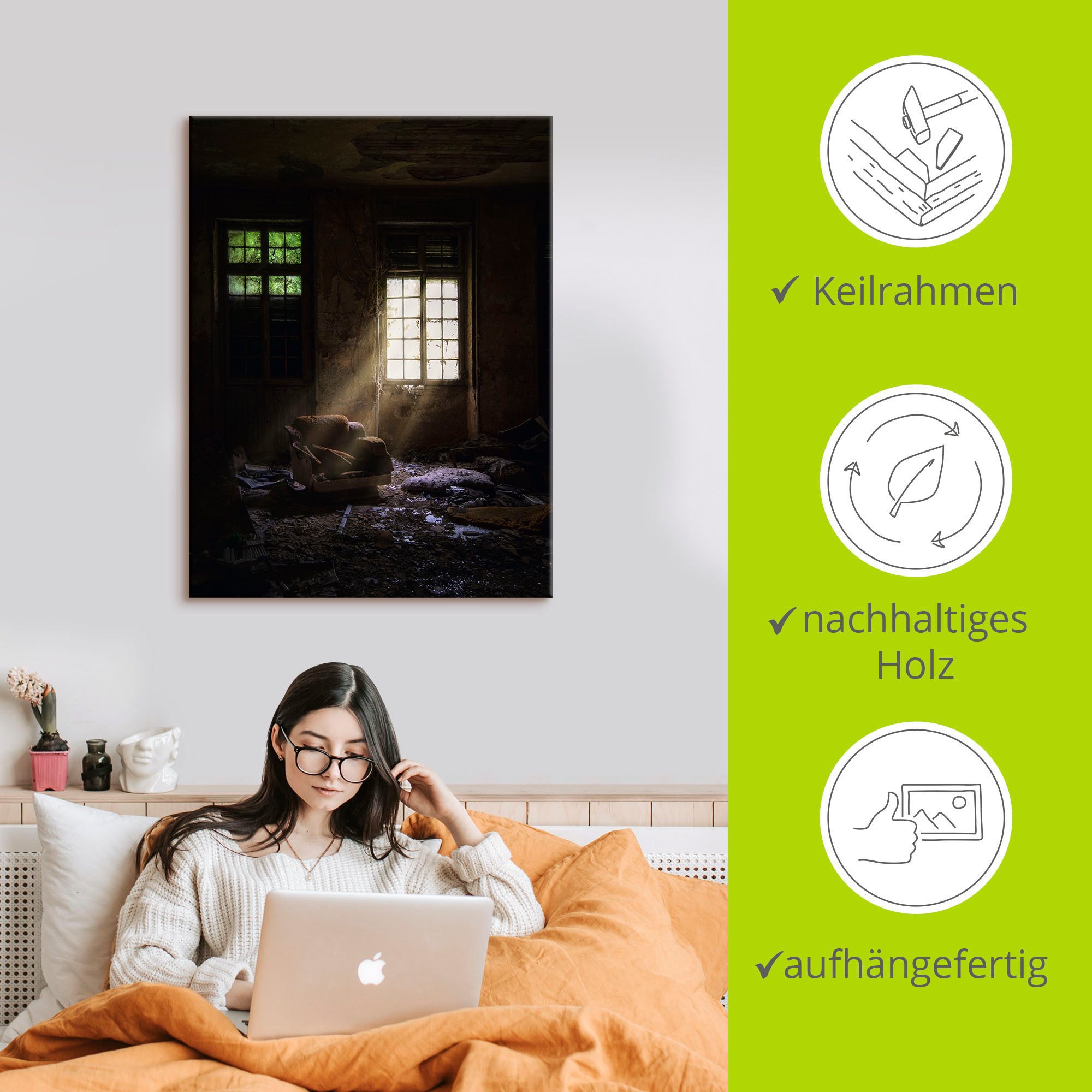 Artland Artprint Lost Place Bij het raam fauteuil als artprint van aluminium, artprint voor buiten, artprint op linnen in verschillende maten