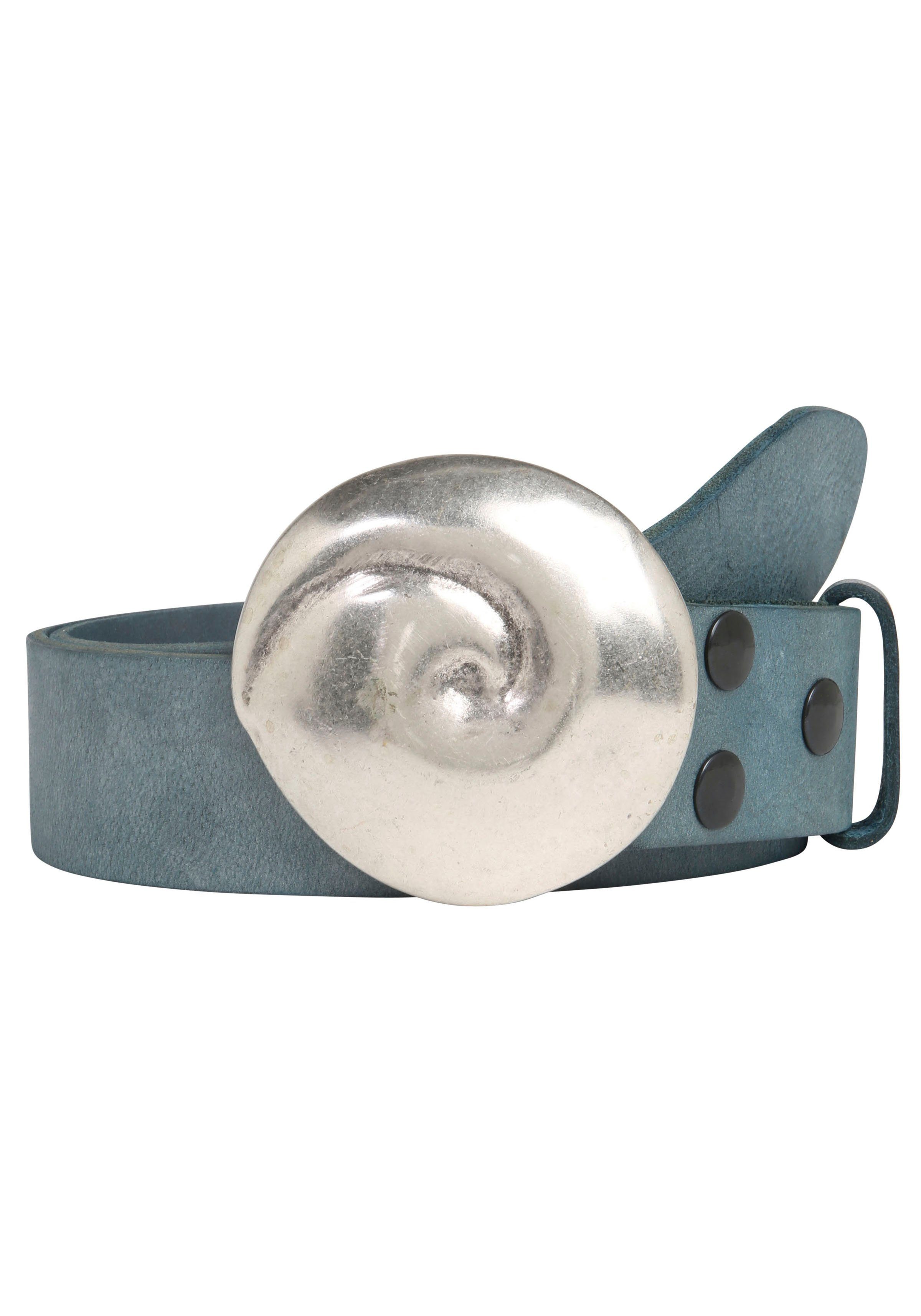 RETTUNGSRING by showroom 019° Leren riem met verwisselbare sluiting "schelp rond zilverkleur" unisex riemen maat 115 blauw