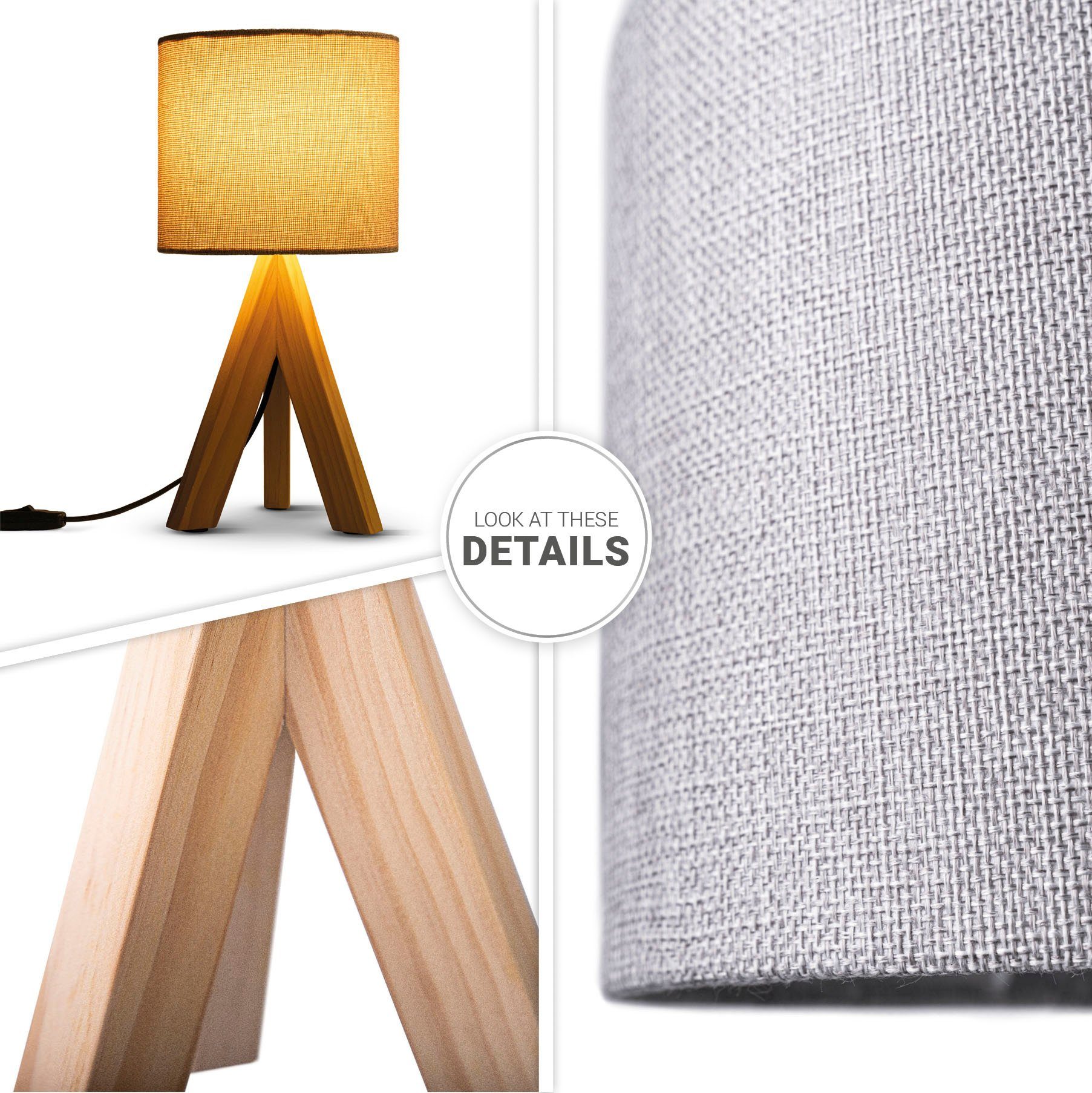 Paco Home Tafellamp BAJO CANVAS UNI COLOR Driepotig massief hout, textielscherm uni linnen, Ø 17 cm, H. 35 cm