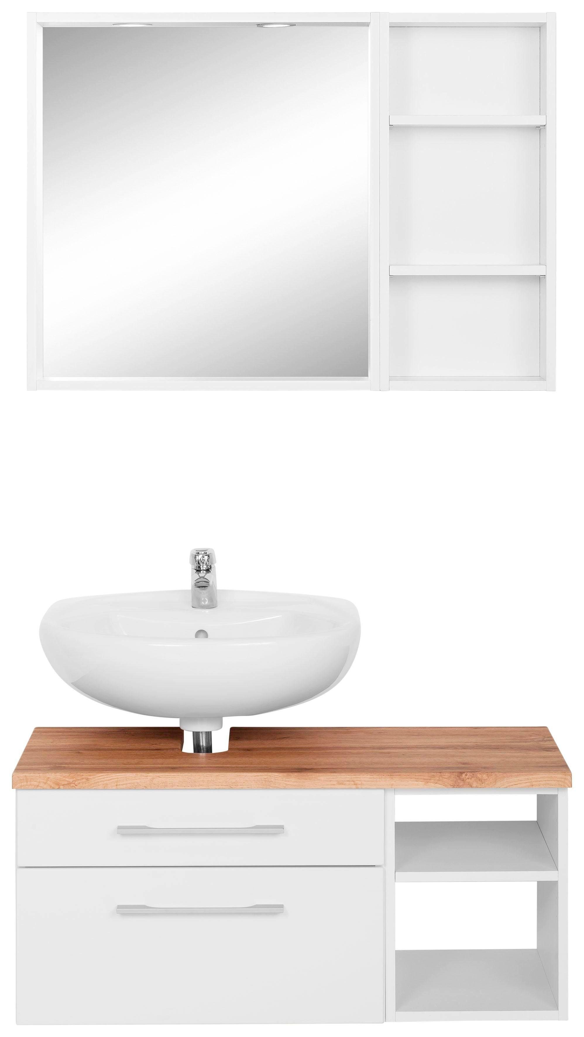 held moebel badkamerserie davos spiegel inclusief verlichting, rek en wastafelmeubel wit
