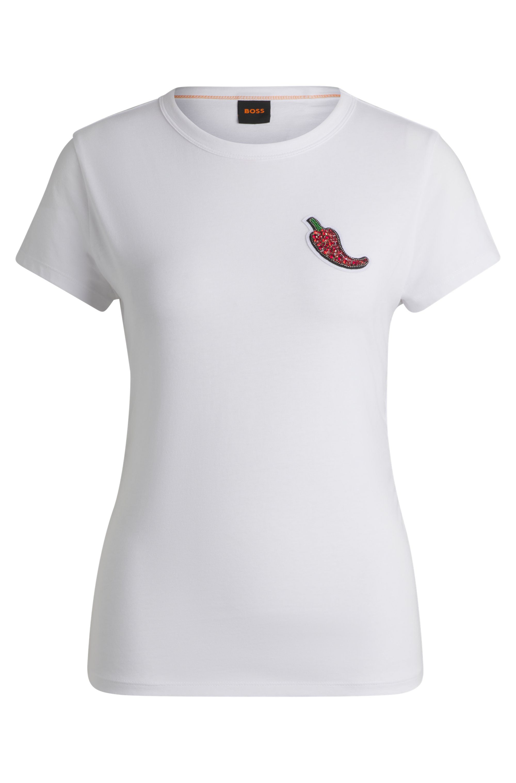 Boss Orange T-shirt C_Endora met plooien, glinsterende badge