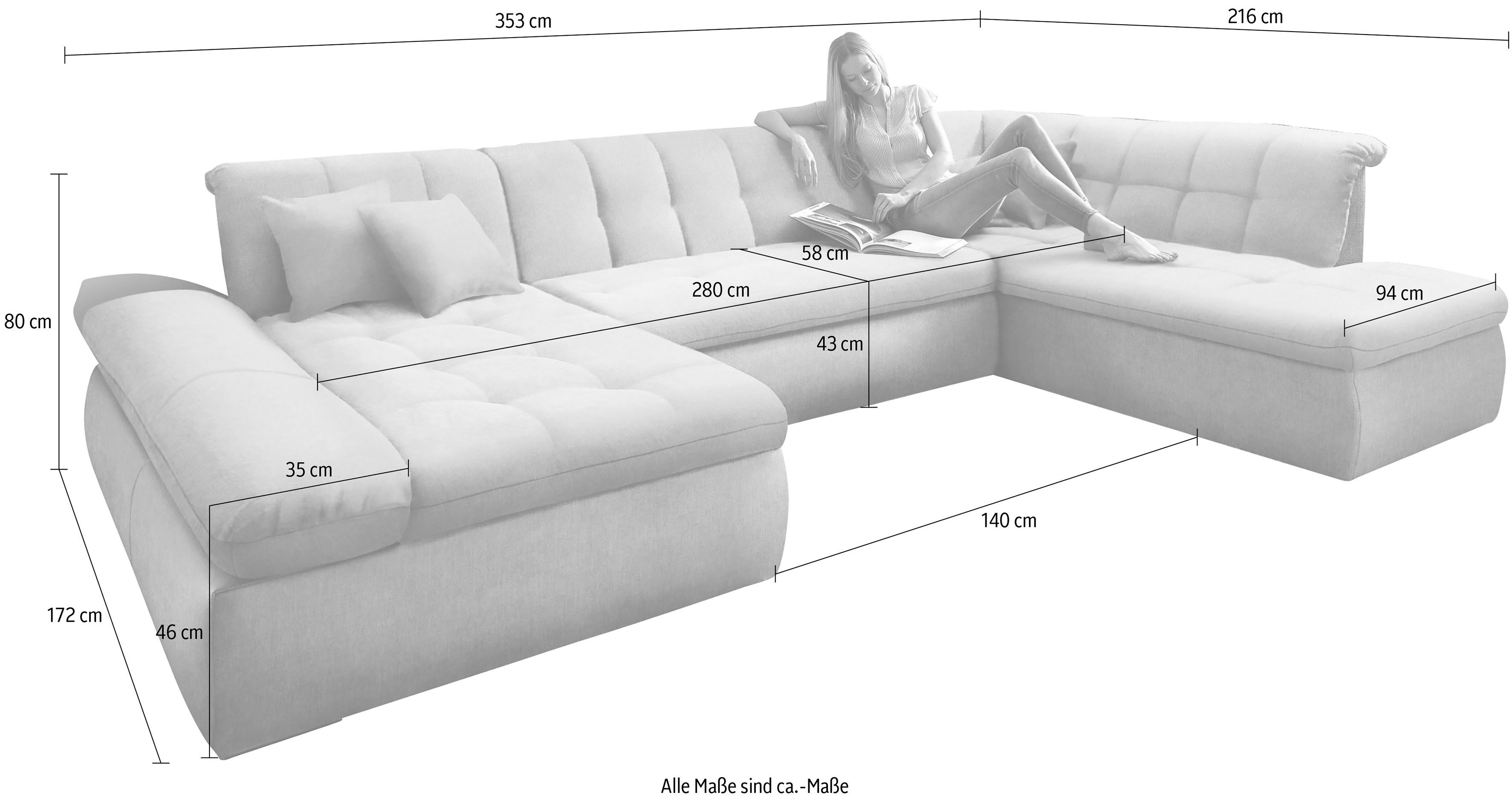 DOMO collection Zithoek Moric Luxus incl. sierkussen U-vorm, tot 140 kg per zitplaats belastbaar, XXL B/D/H: 353/216/80 cm