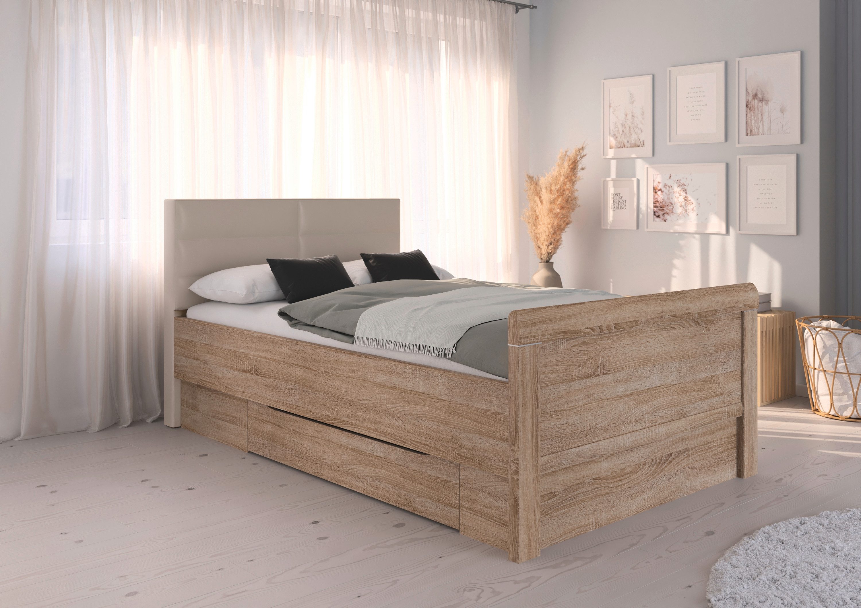 rauch Ledikant met bergruimte Bed Eenpersoons Stollenbed Bedkasten EVELYN in comfortabele hoogte met gestoffeerd hoofdeinde en lades made in germany