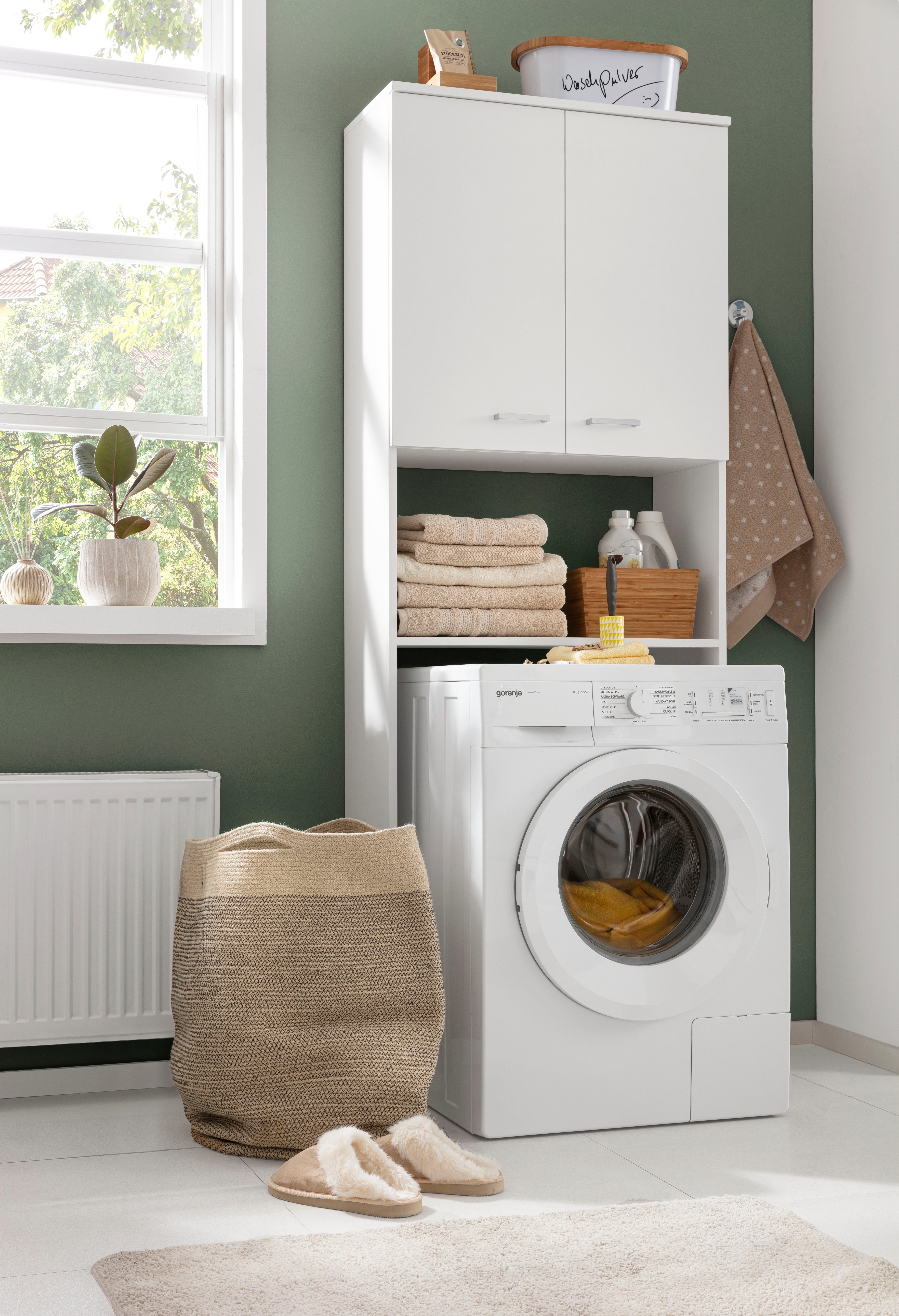 Schildmeyer Kast voor wasmachine Mobes, Made in Germany Breedte x hoogte: 70,3x188,6 cm, bergruimte in rekvak en achter dubbele deur