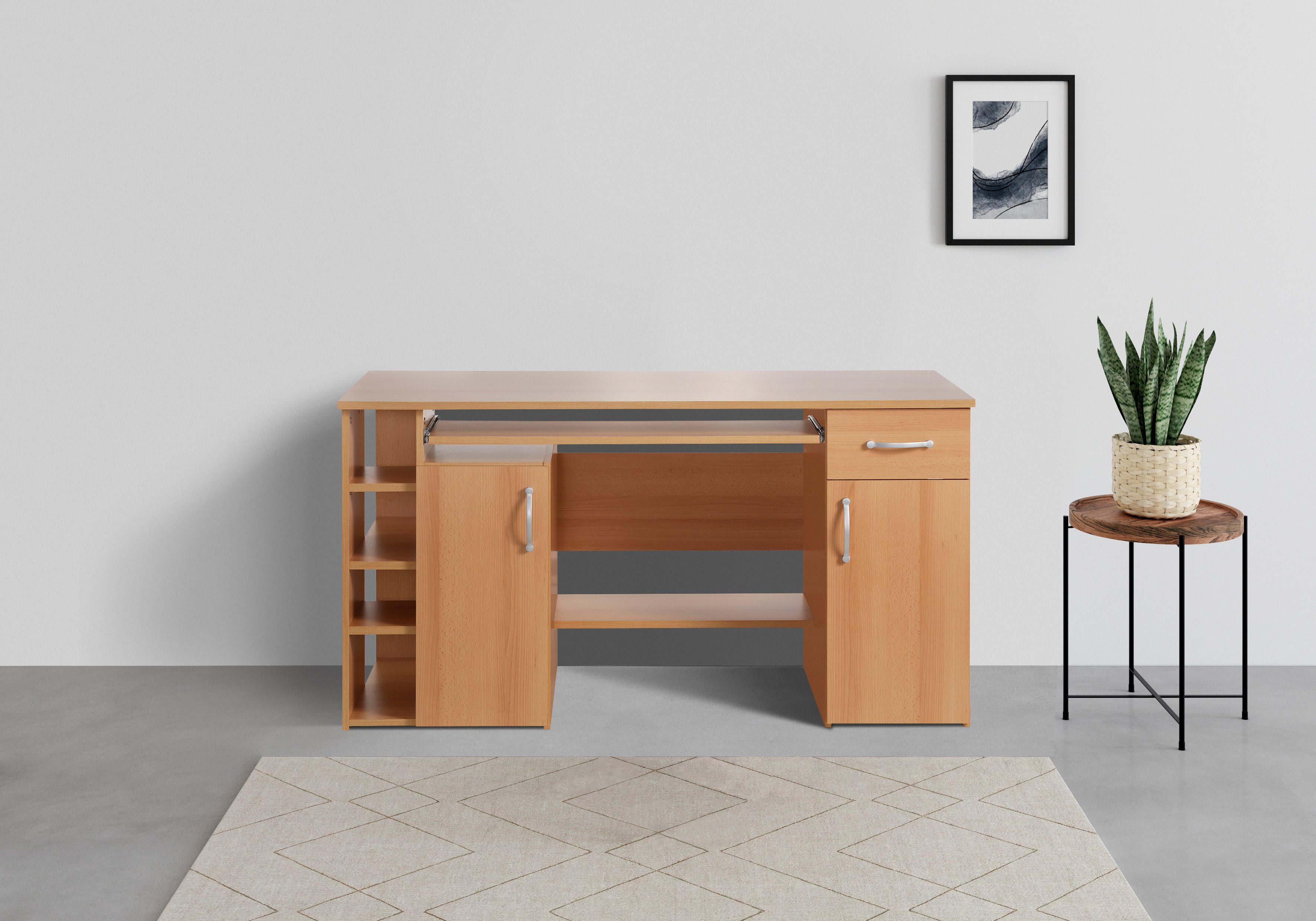 VOGL Möbelfabrik Bureau Tim met zijopen vakken & toetsenborduitrekking, Printerstandaard, 1 lade, breedte 138 cm, gemaakt in Duitsland