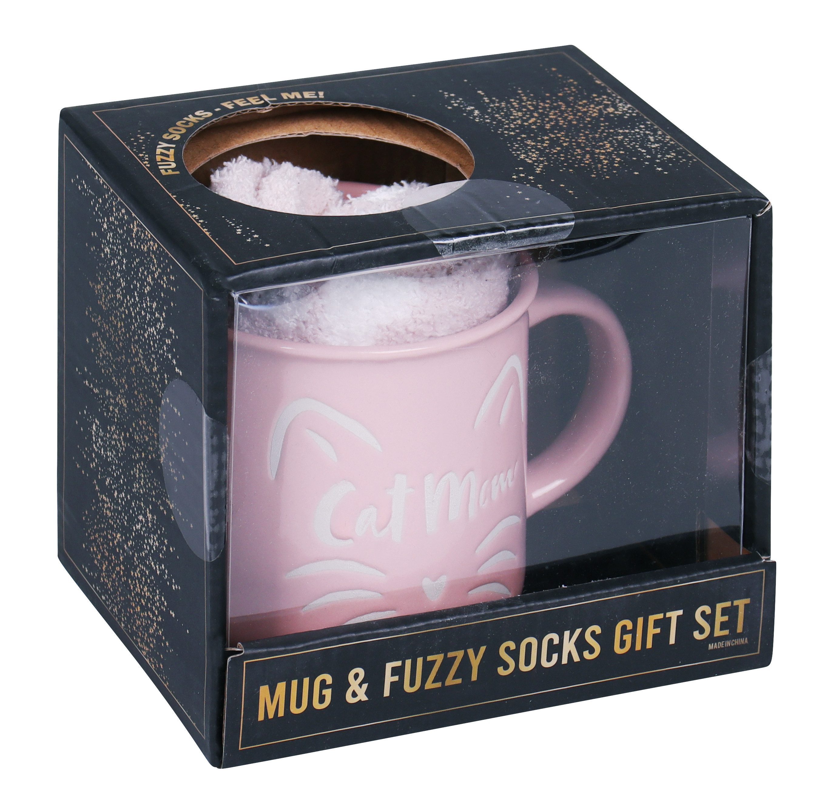Capelli New York Wellness-sokken Cadeauset met roze knuffelsokken en roze "Cat Mom" mok (1 kopje en 1 paar sokken)