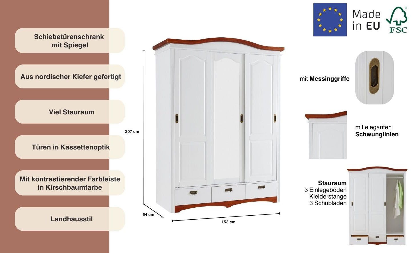 Home affaire Schuifdeurkast Konrad, landelijke stijl, rustiek, met lades + spiegel, kassettes massief dennenhout, fsc®-gecertificeerd, messing handgrepen, verschillende varianten