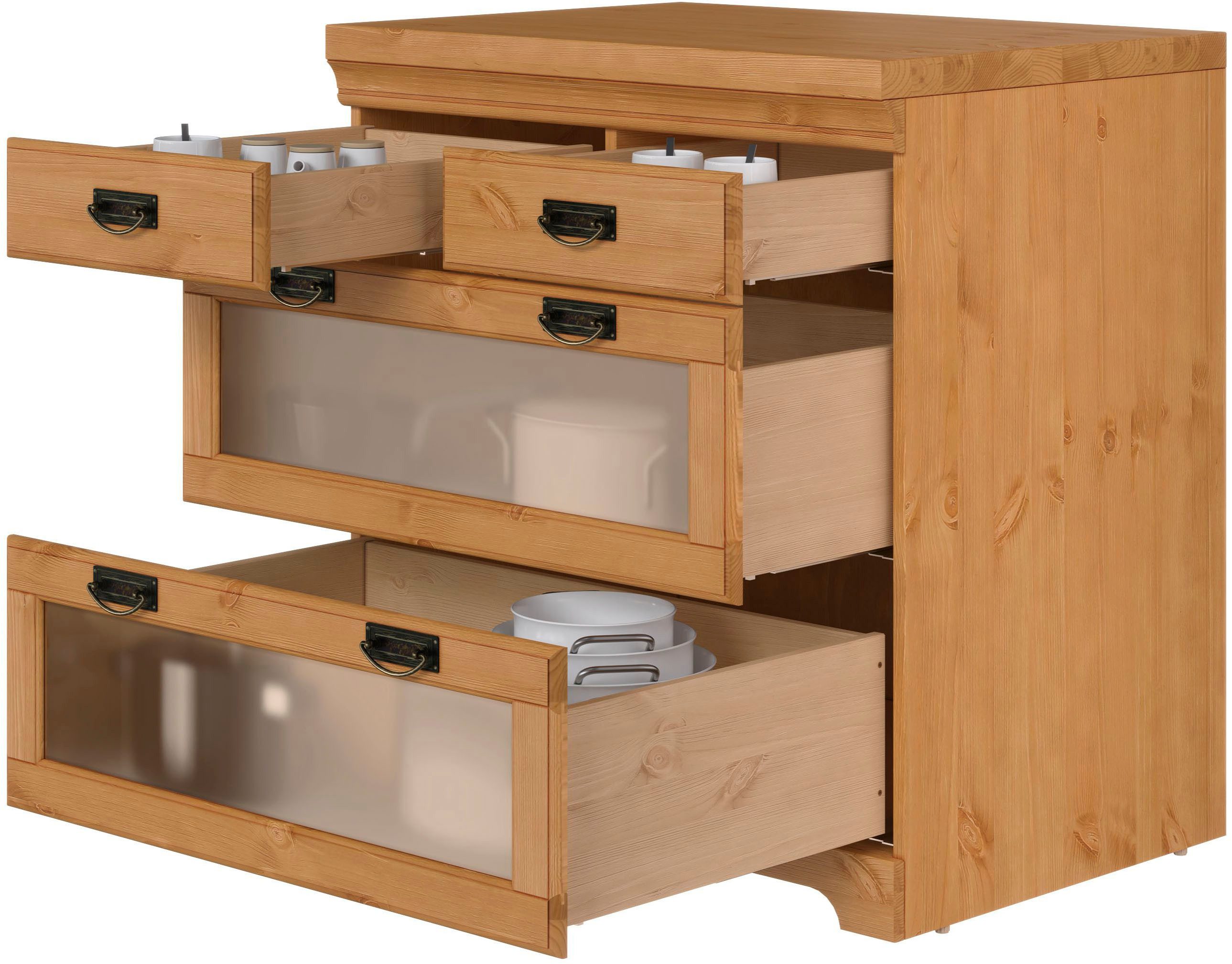 Home affaire Onderkast Rügen Breedte 80 cm, massief grenen, lades met glas-inzet