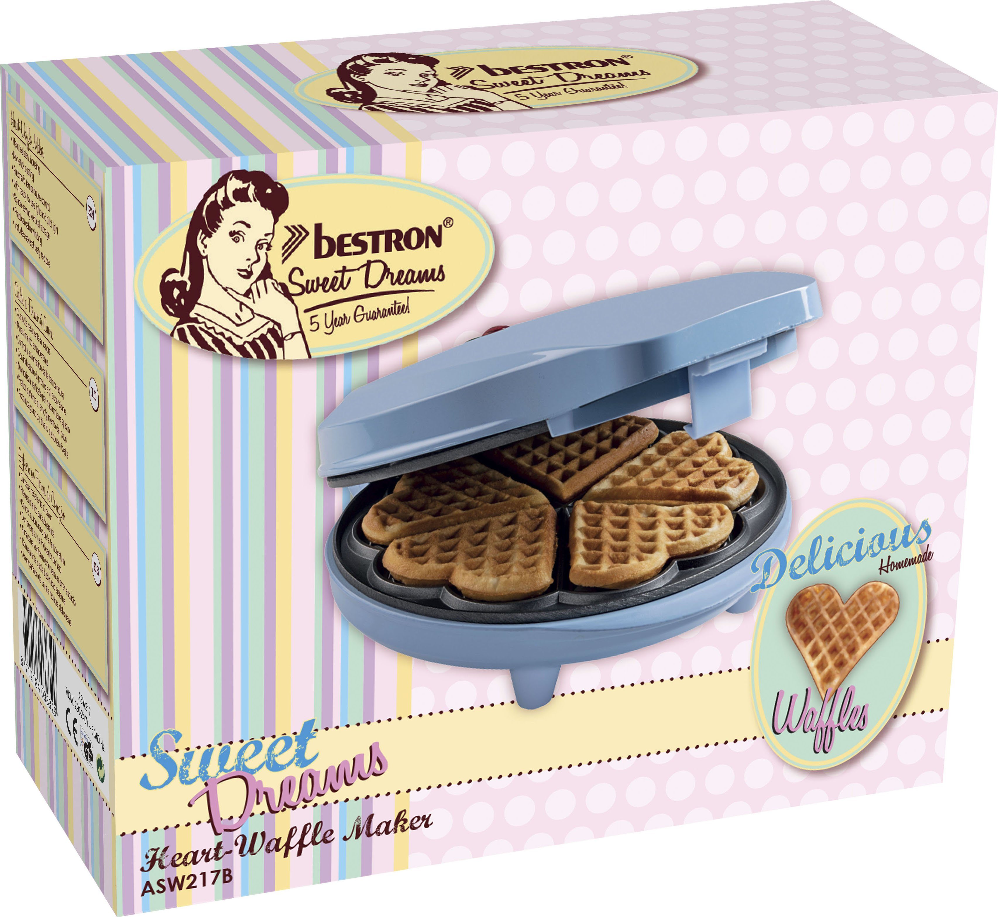 bestron Wafelijzer ASW217 voor klassieke hartvormige wafels, met antiaanbaklaag, retrodesign
