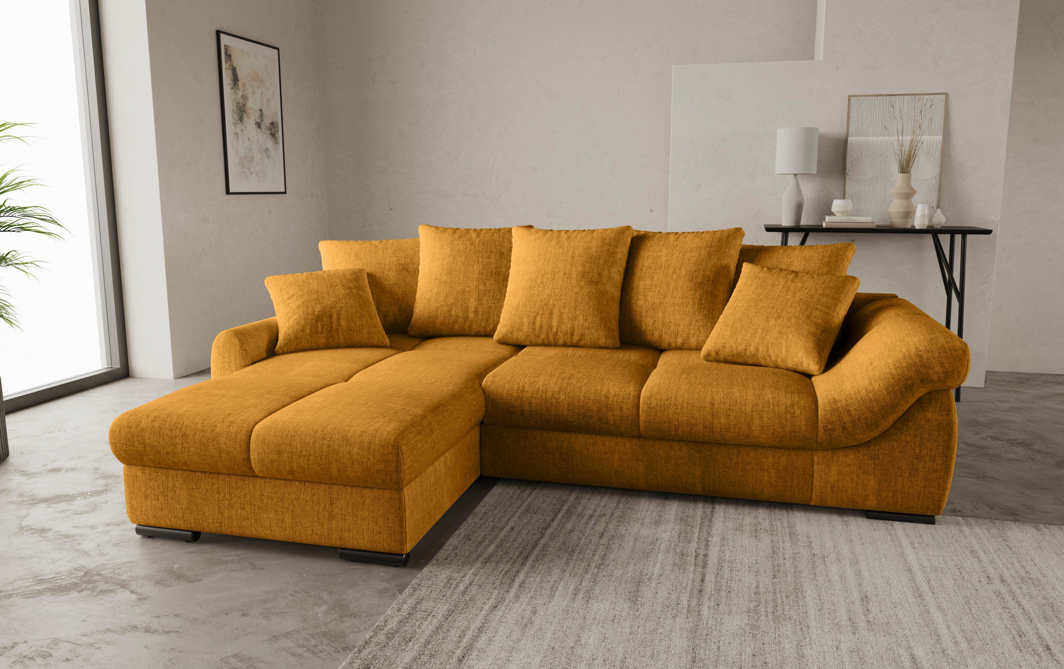Mr. Couch Hoekbank Livorno L-vorm incl. hoogslaper beduitbreiding, xl bedbox wit gecoat