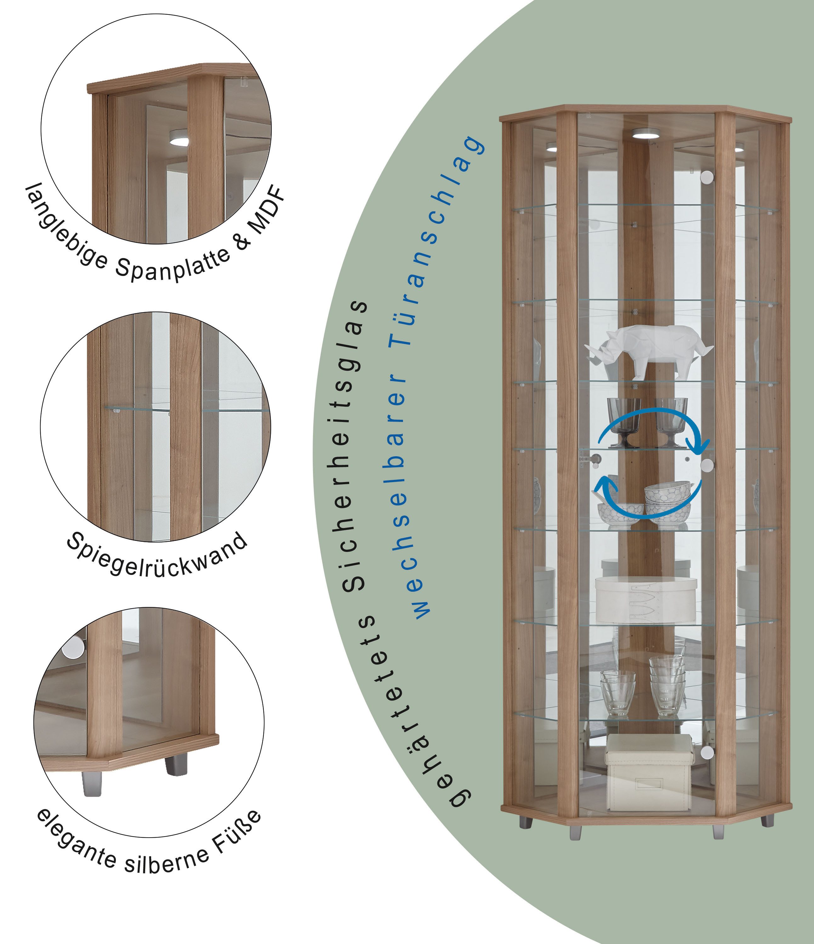 fif möbel Hoekvitrinekast TRIO hoogte ca. 172 cm, incl. verlichting Hoekvitrine/Glasvitrine 1x Glazen deur, perfect voor verzamelaars, verzamelvitrine