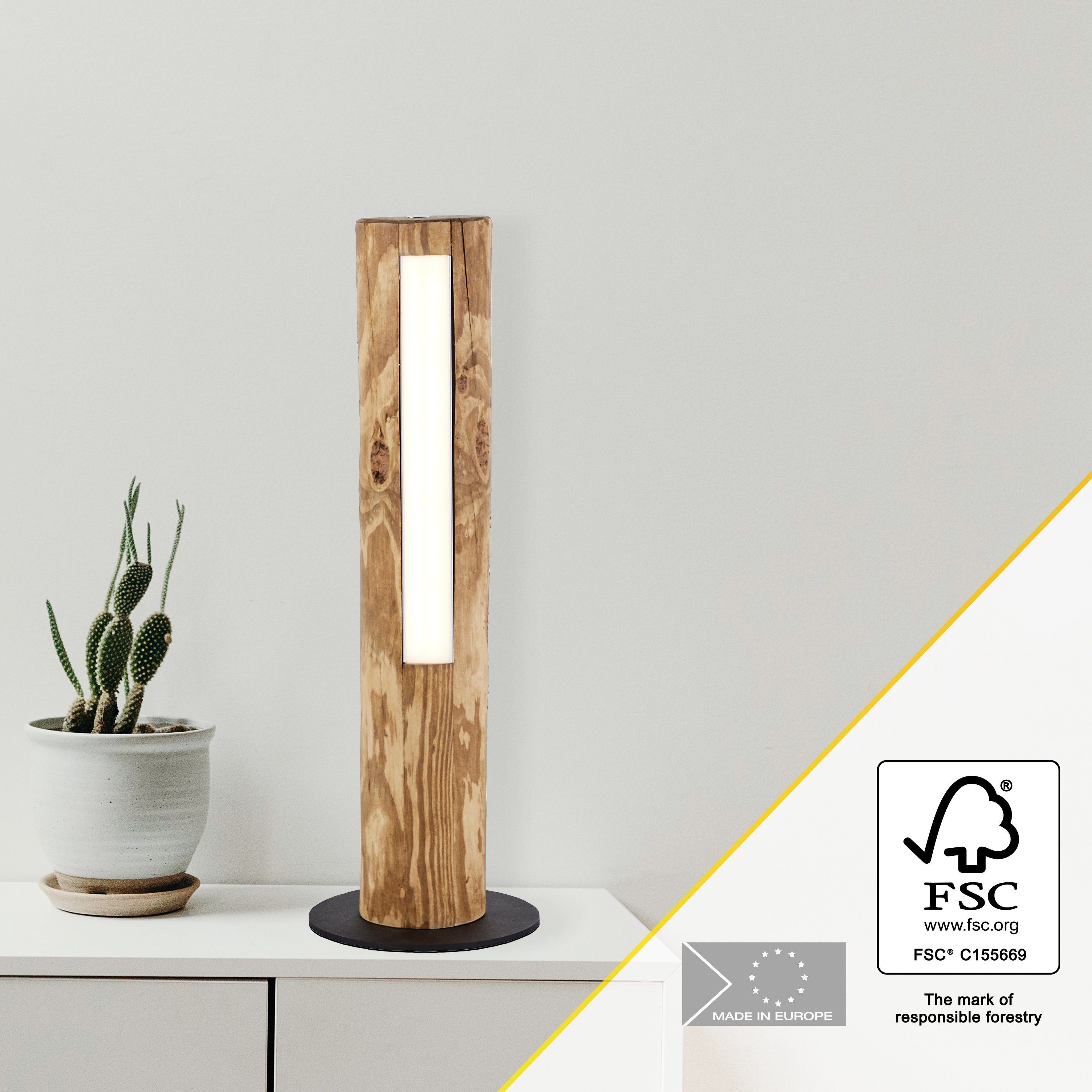 Brilliant Leuchten Led-tafellamp Odun 46 cm hoogte, touchdimmer, 800 lm, warmwit, hout / metaal, grenen gebeitst (1 stuk)