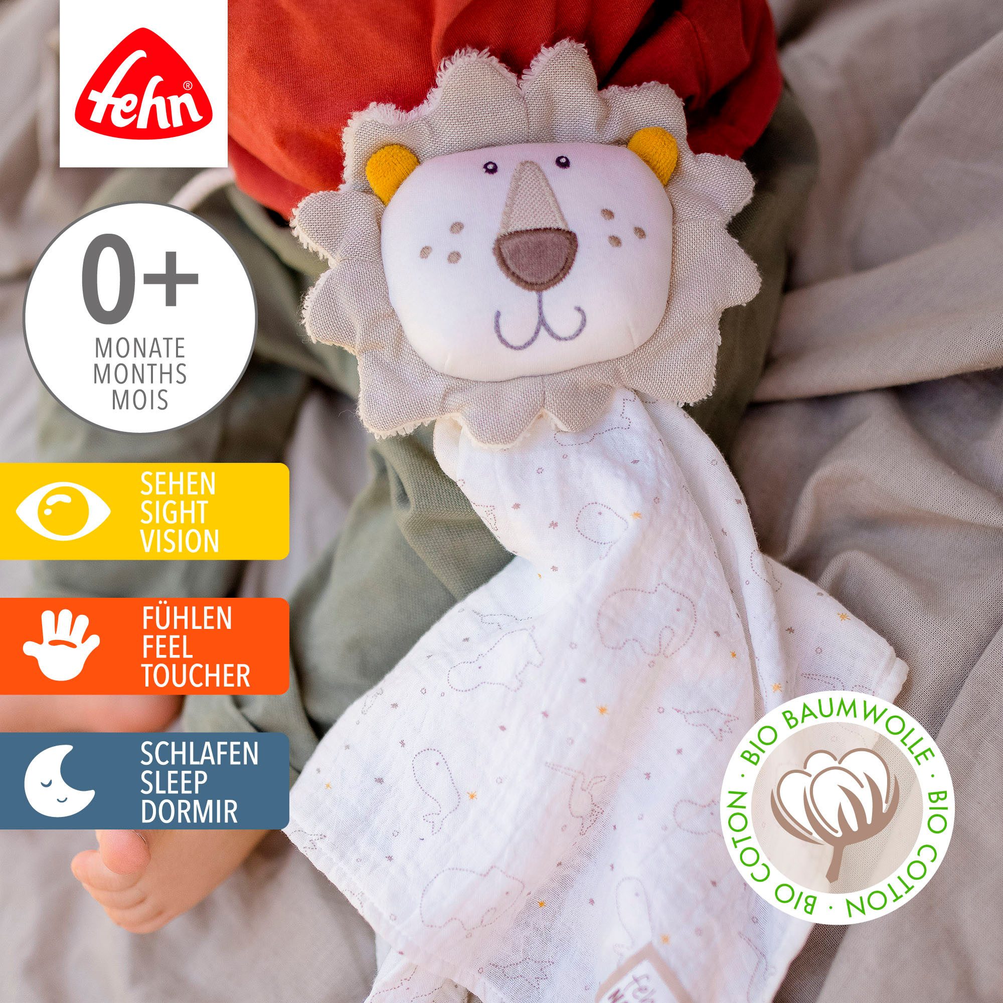 Fehn Knuffeldoek FehnNATUR, Leeuw Deluxe met bevestigingsring voor speen, bevat bio-katoen