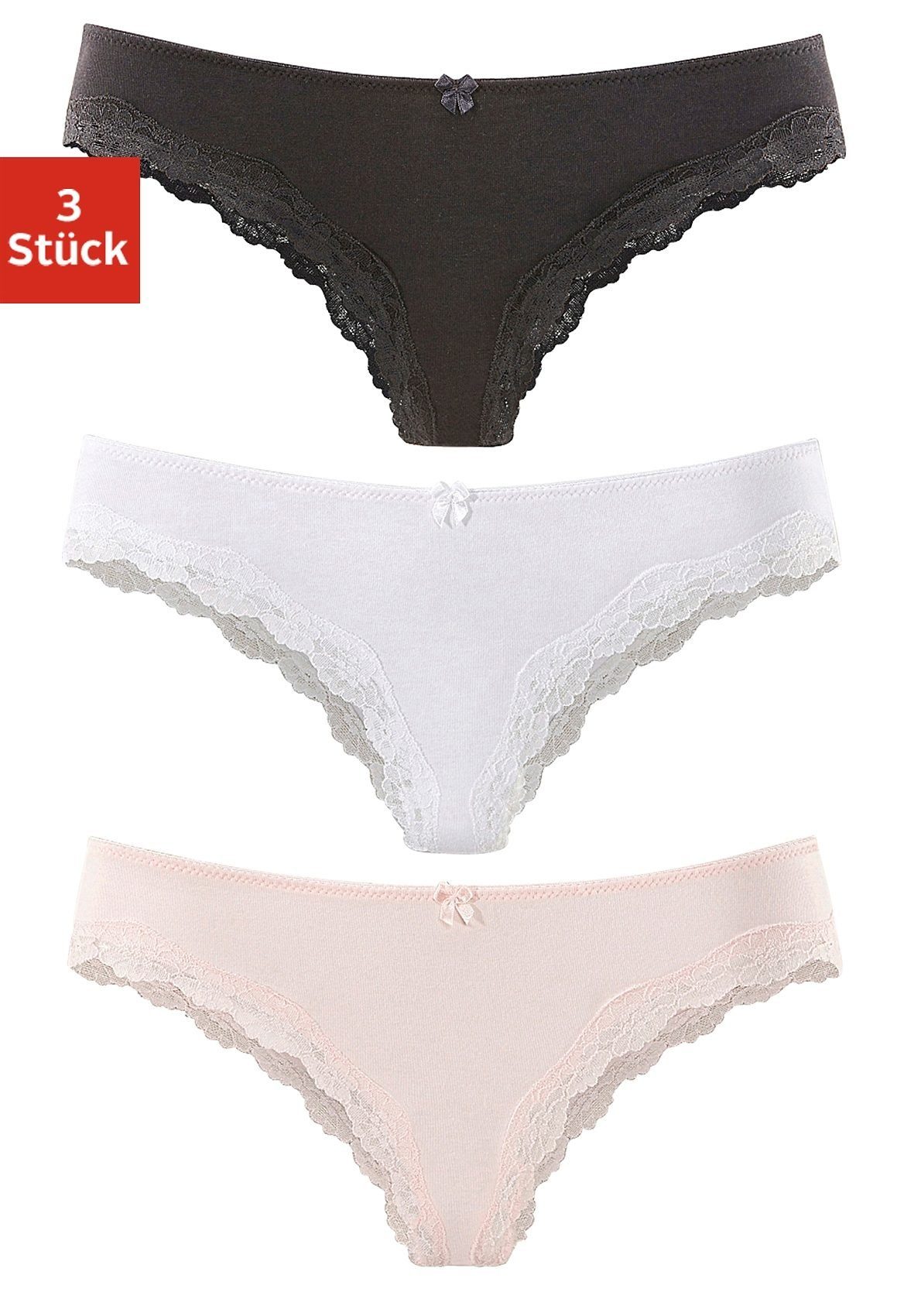 Lascana Brazilian slip van elastische katoen met delicate kant (3 stuks) dames slips maat 36/38 roze