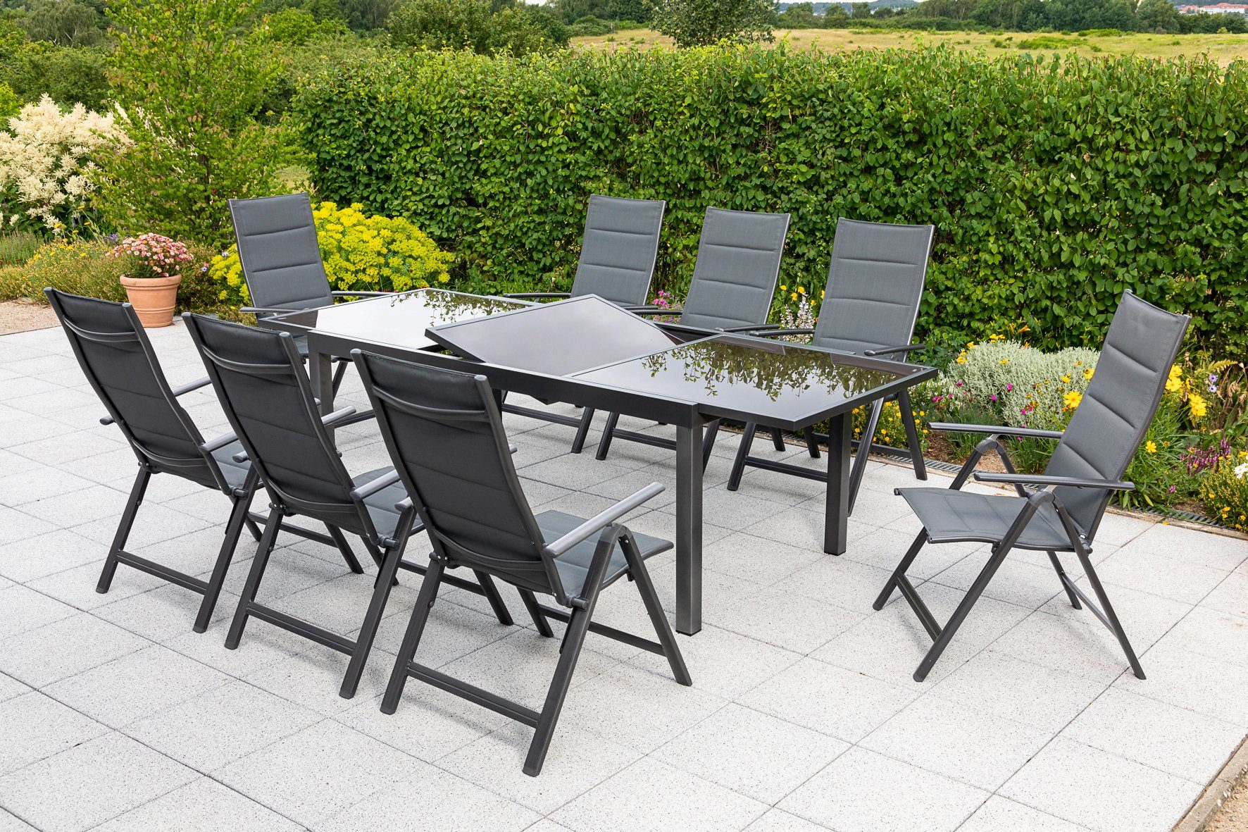 MERXX Tuin-eethoek Taviano 8 klapstoelen, 5-voudig verstelbaar, uitschuifbare tafel (set, 9-delig) tuinsets