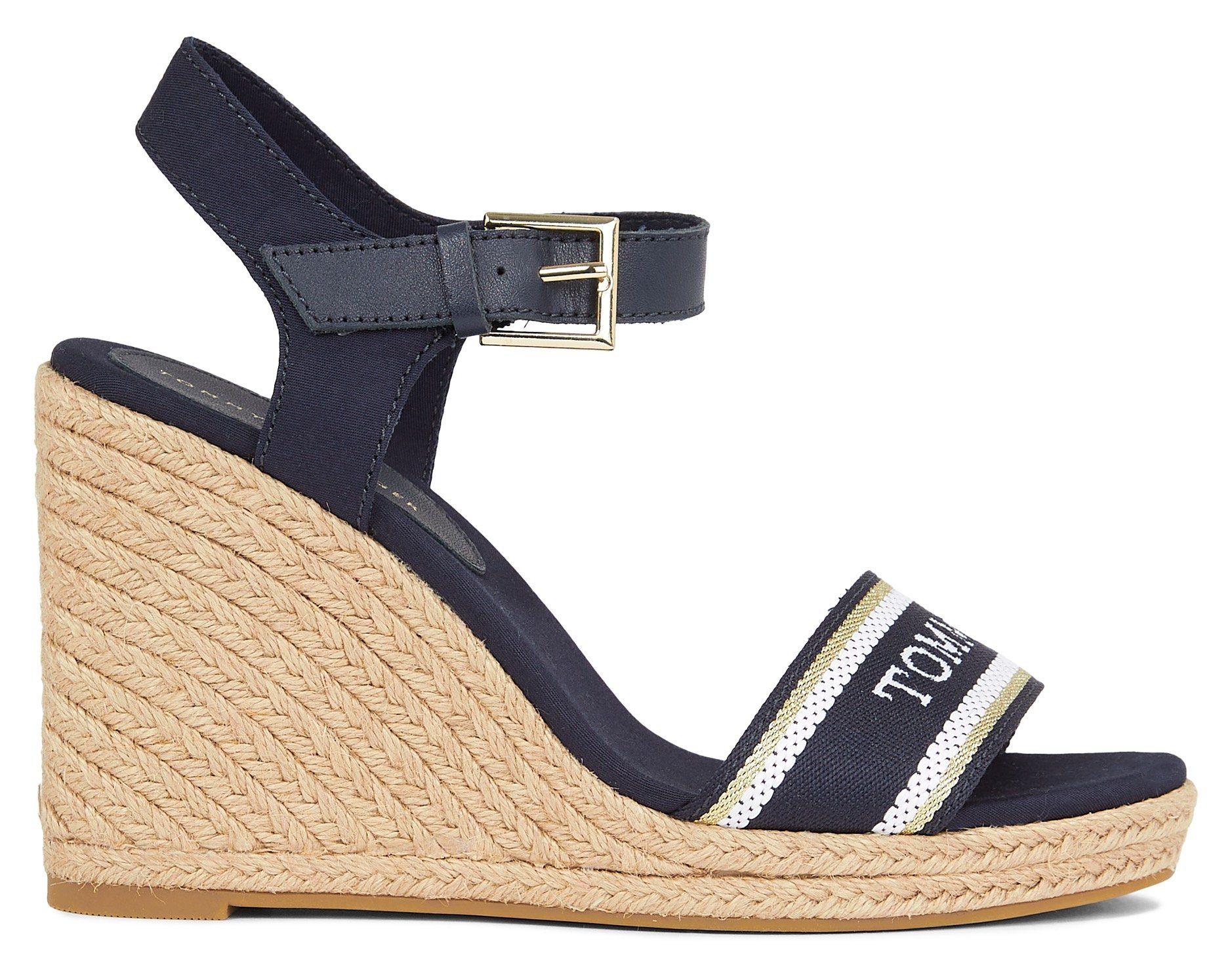 Tommy Hilfiger Sleehaksandaaltjes MONO WEBBING HIGH WEDGE SANDAL , zomerschoen, sandaal, riemchensandalette met contrast-logo-opdruk