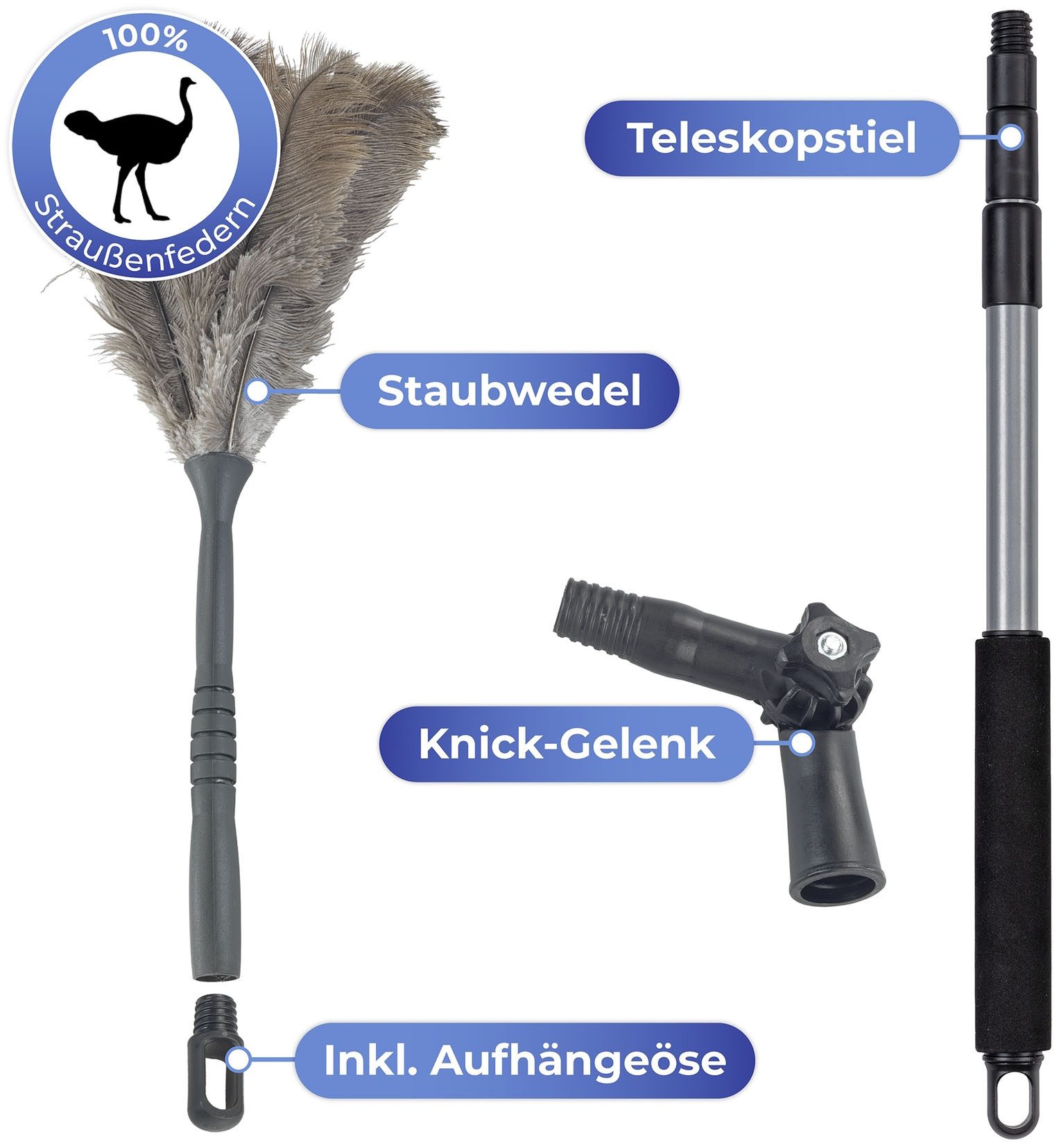 Maximex Plumeau Struisvogelveer met knikverbinding en telescopische steel