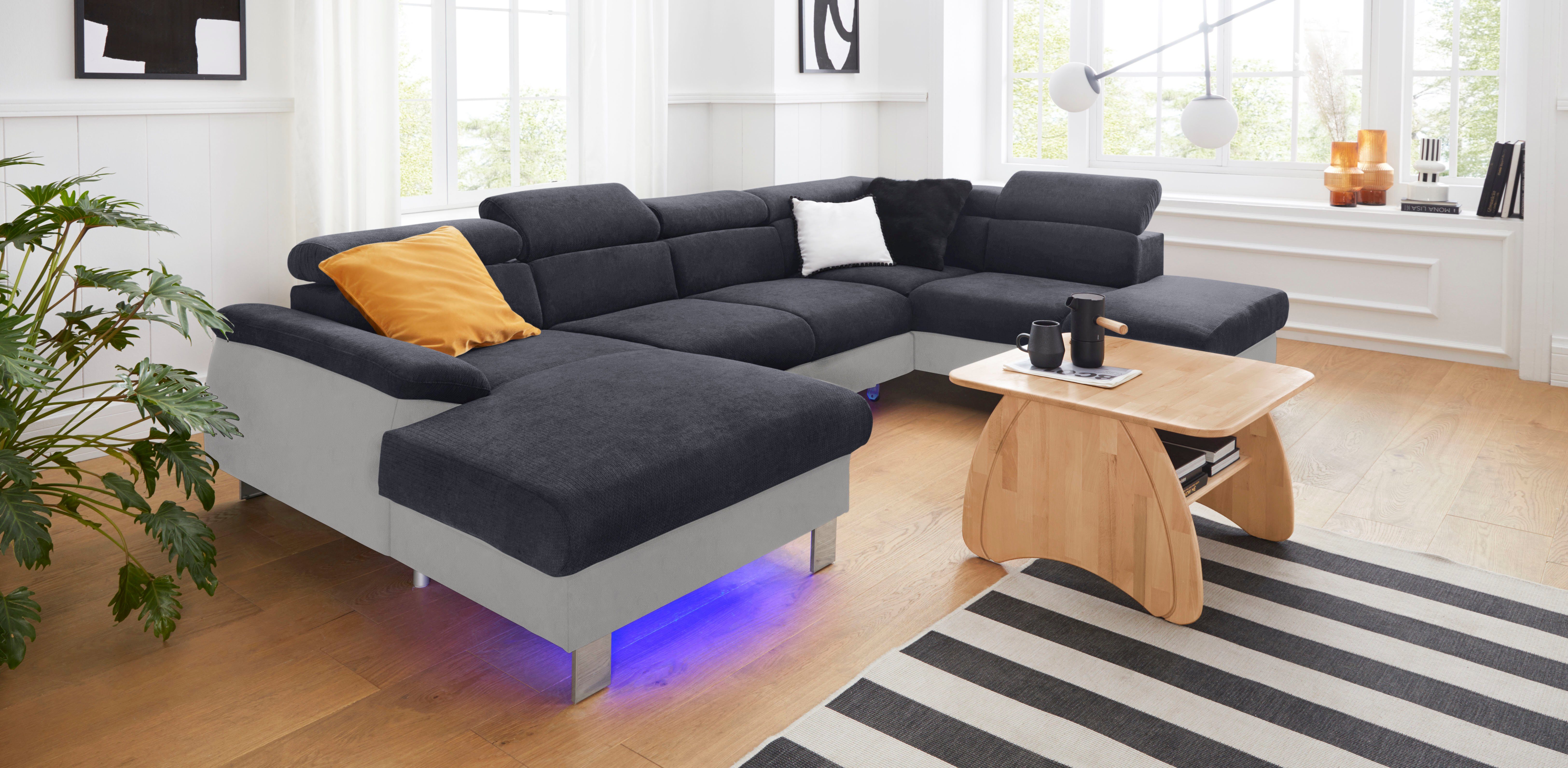 COTTA Zithoek Komaris U-Form mit Kopfteilverstellung met verstelbare hoofdsteun, naar keuze met slaapfunctie en rgb-led